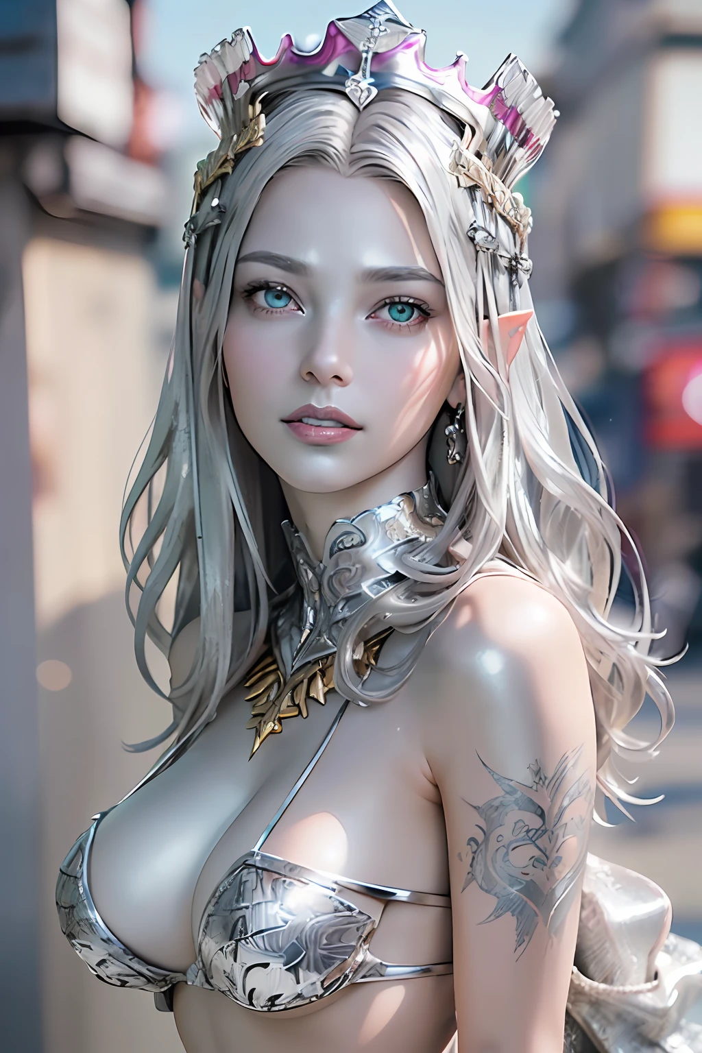 Ultra-detailed complex 3D rendering of the face, (masterpiece, top quality, octane rendering,), glamour shots full body image, very beautiful young elves, cleavage, (highly detailed skin: 1.2), (exposure: 1.1), ((blue micro bikini: 1.95)))). , 8k, (((very soft breasts)), (((conspicuous large pink areola)), beautiful Caucasian woman with white skin with full soft breasts with big buttocks, one, long braided hair, big breasts, dynamic angles, (((huge breasts: 2.4)), ultra-realistic photos, ((((((silver hair)))), futuristic urban background, facial muscles, (((((detailed and glamorous silver crown)))), In the style of Marvel Comics, ArtStation Trends, Clear Focus, Intricate Details, Very Detailed, Detailed Green Eyes, Sharp Focus, Digital Rendering, Professional, Abs, Lip Gloss, Glossy Skin, Sexy Pose, Golden Tattoo All Over Body, Silver Pattern All Over Body, Silver Lame Skin, Gold Glitter Skin, Mansuji, Buttocks, Jeweled All Over the Body, with silver scales, silver hair,