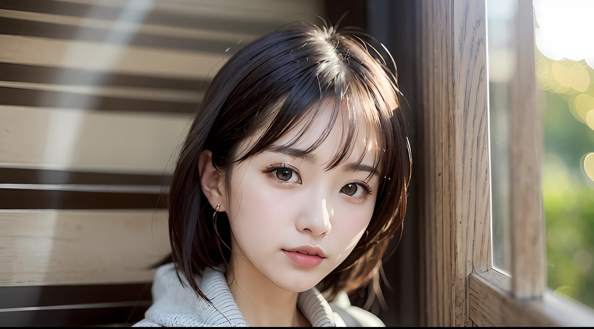 女の子1人、Women around 29 years old、Fashionable clothes、a picture、realisticlying、top-quality、adopt、A detailed face、细致背景、diffuse sunlight、depth of fields、独奏
