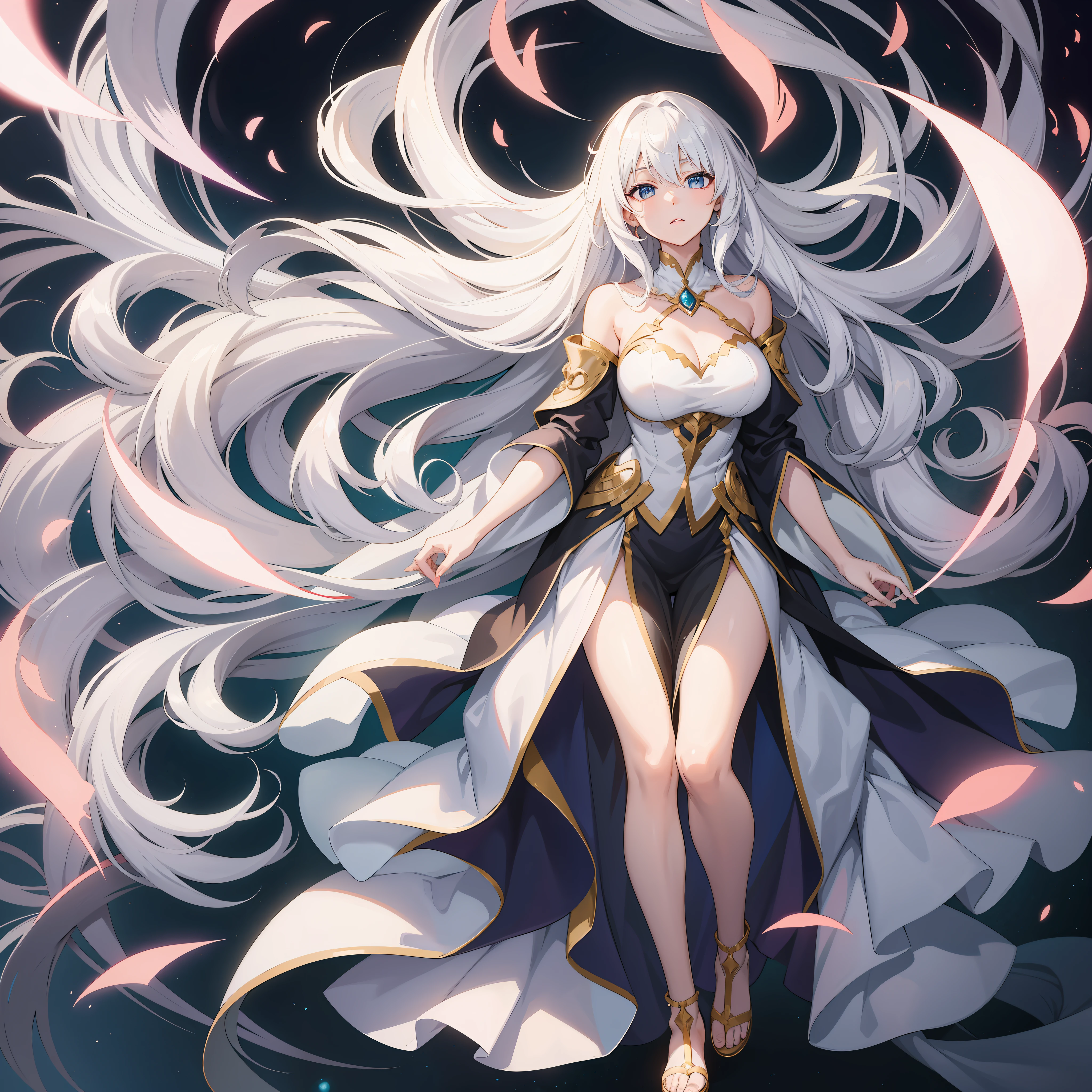 Illustrate an anime girl with flowing hair, adorned in an elegant gown, and surrounded by a soft glow of magic, white hair, full body shot