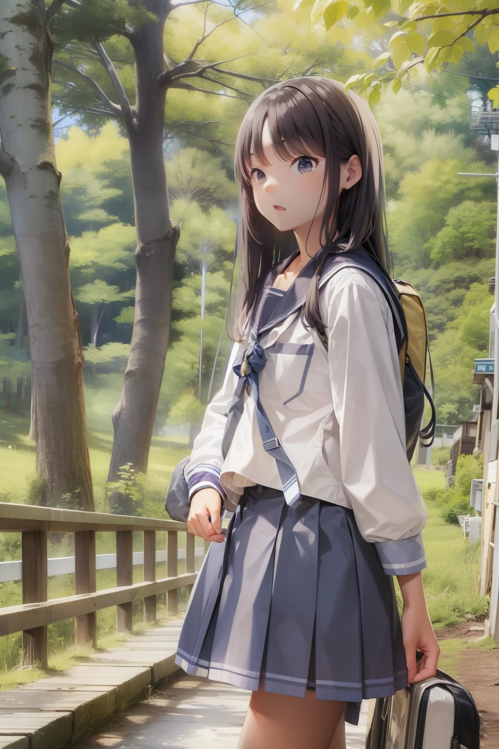 1 High School Girl、summer clothing、、Commuting up the slope to school、Tall trees on both sides、Looks cool