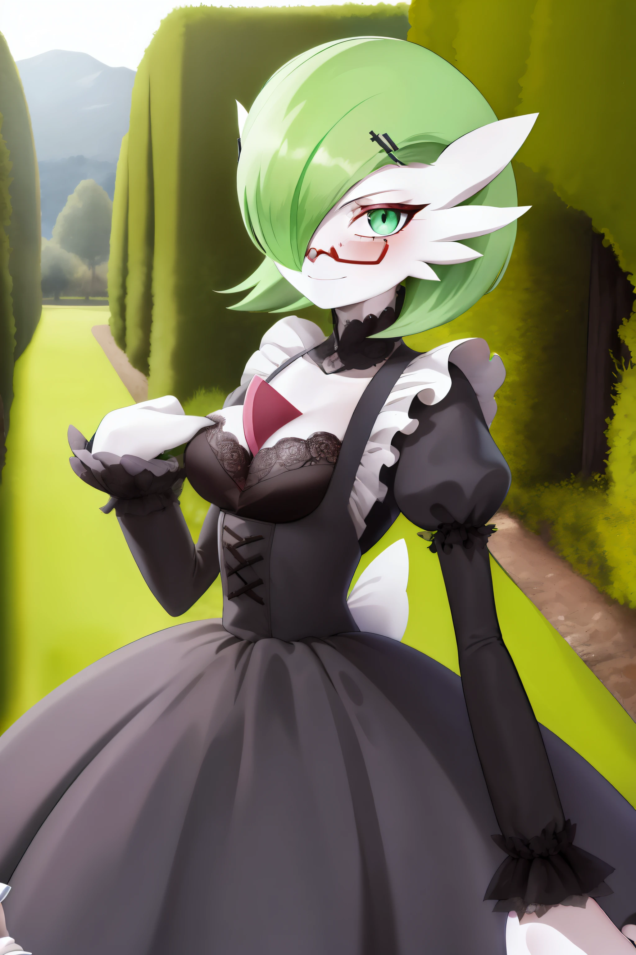 Meisterwerk, bester_Quality, 1girls, nur, Bewachen,  Pokemon \(creature\), green hair, Rote Augen, maid dress, Villa