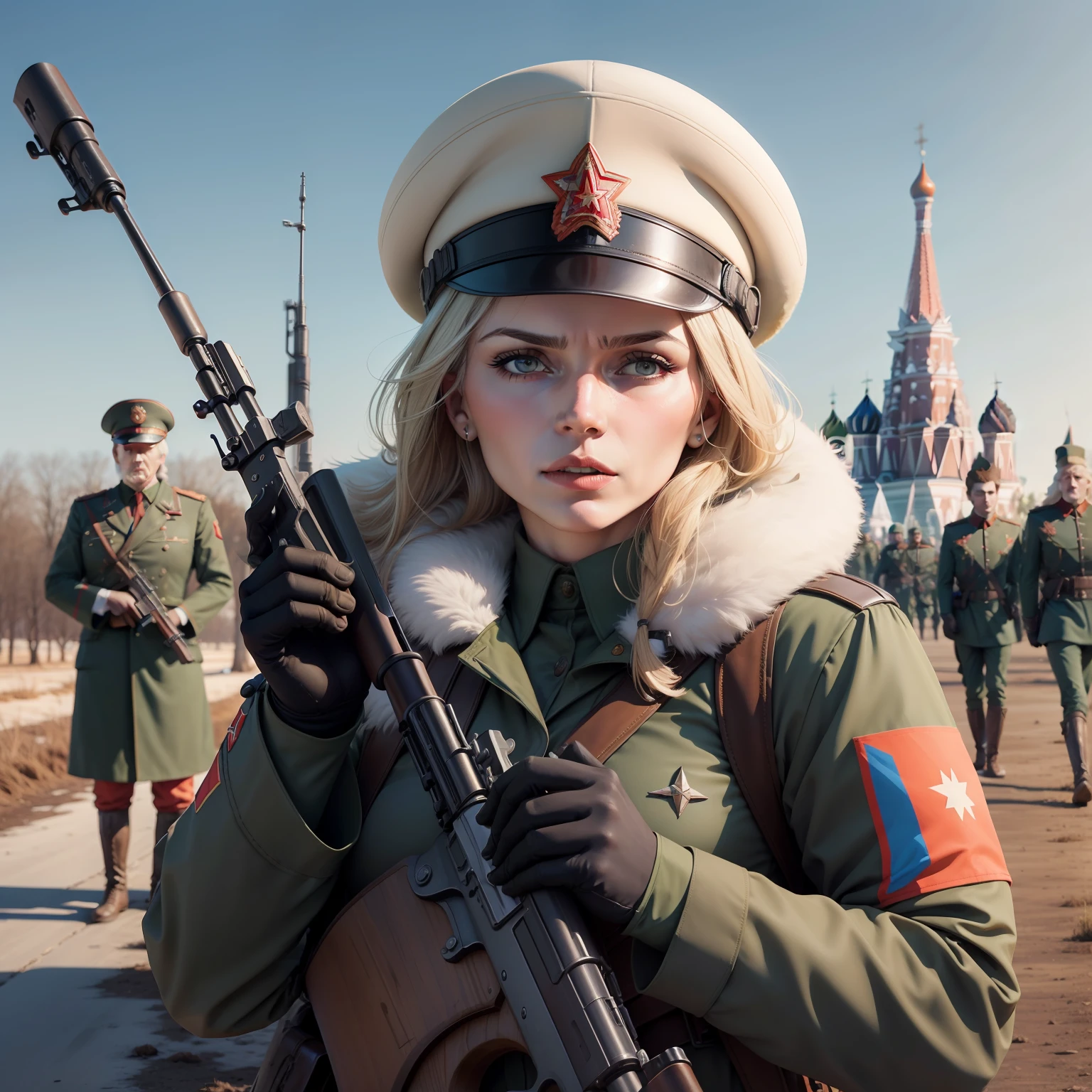 mother Russia (( segurando um rifle e com trajes sovieticos))