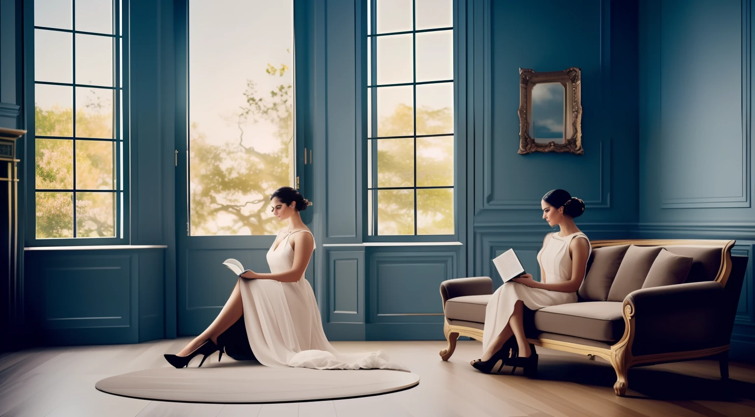 cinematography lighting, ultra detallado, Room overview (( Middle-distance portrait of elegant young woman reclining on a couch, leyendo un libro. elegantee Persona en vestido de coctel inspiracion art noveau de principios del siglo 20 elegante)), en una (sala de estar estilo europeo art deco) Luz natural, entra el sol de la tarde por una ventana, vase with flowers, detalles decorativos inspirados por KLIMT obras de arte, otro mobiliario altamente detallado, Pintura digital, Artstation, Arte conceptual, Suave, foco nítido, illustration, Arte por WLOP, Mars Ravelo y Greg Rutkowski (Piel alta y detallada:1.2), 8k UHD, DSLR, Soft lighting, alta calidad, Film grain, Fujifilm XT3 mix4 Wildstyle RAW foto,