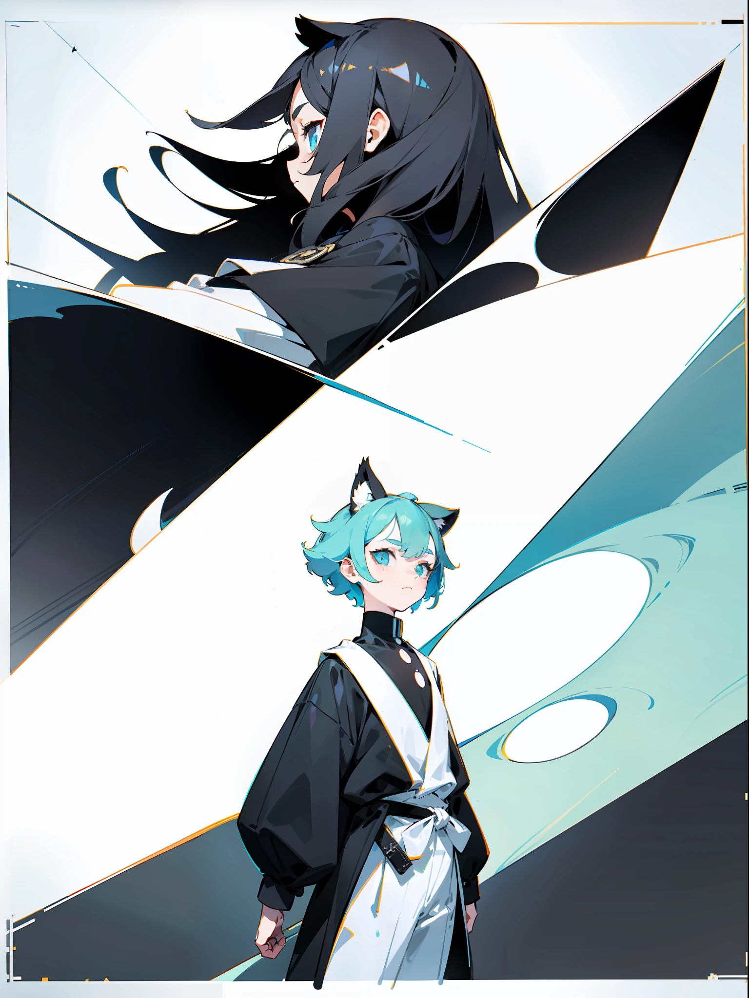 Cat-eared boy Various black and white color matching clothing designs，3×3 format image，A set of illustrations，The spacing between each element is equal，There is no overlap，Old memo kernel，Two image views，namely the frontview、the sideview、white backgrounid、Different image views  ，organic shapes and lines，illustratio，Flat illustration style，Flat illustration style，danish design"