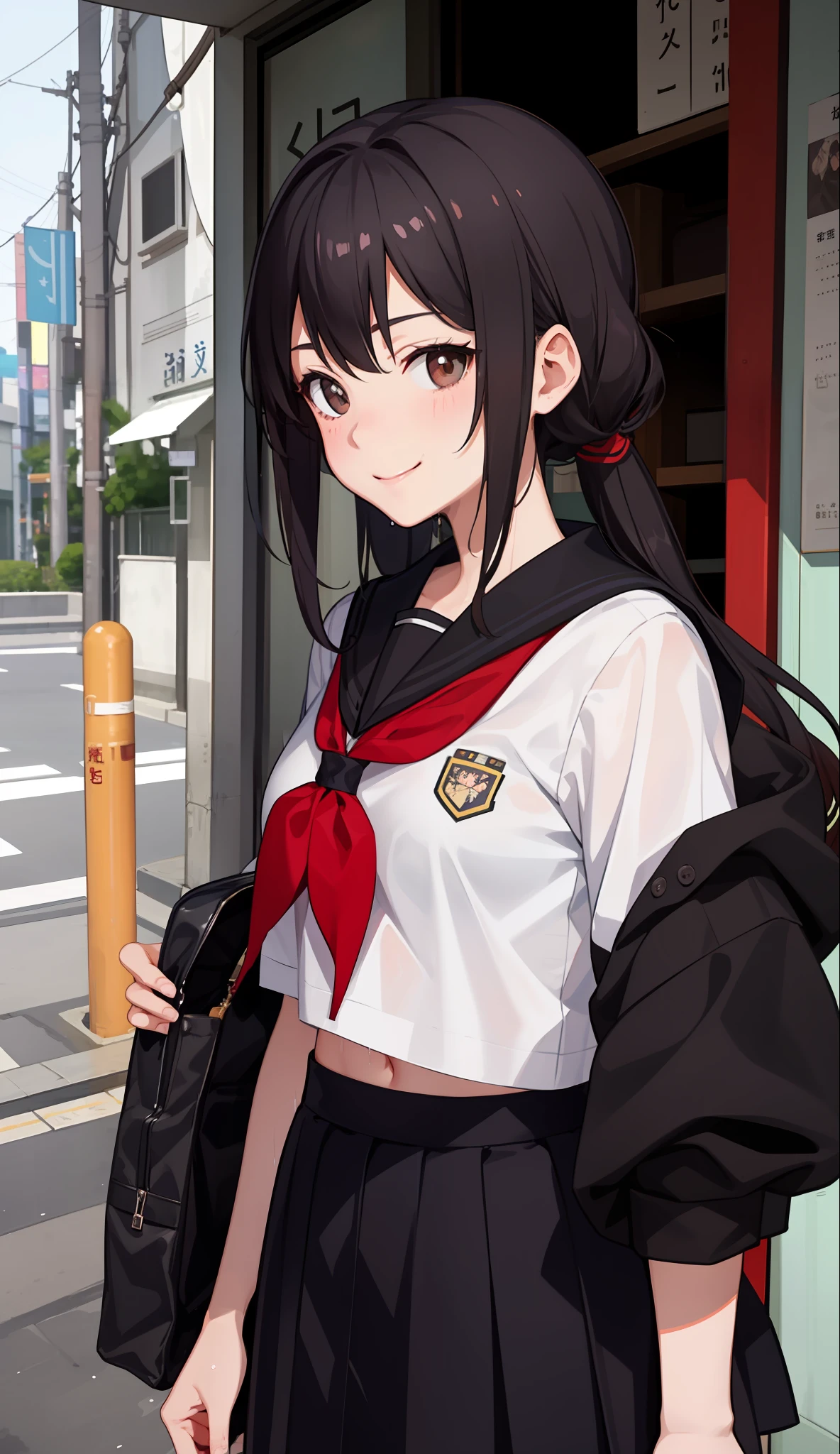 1girl in、A smile、The shirt、skirt by the、（small tits）Chilarism、Japan High School Student Uniform、serafuku、summer clothing、Squall Drenched Uniform、（Sheer Bra）、Upper body portrait、