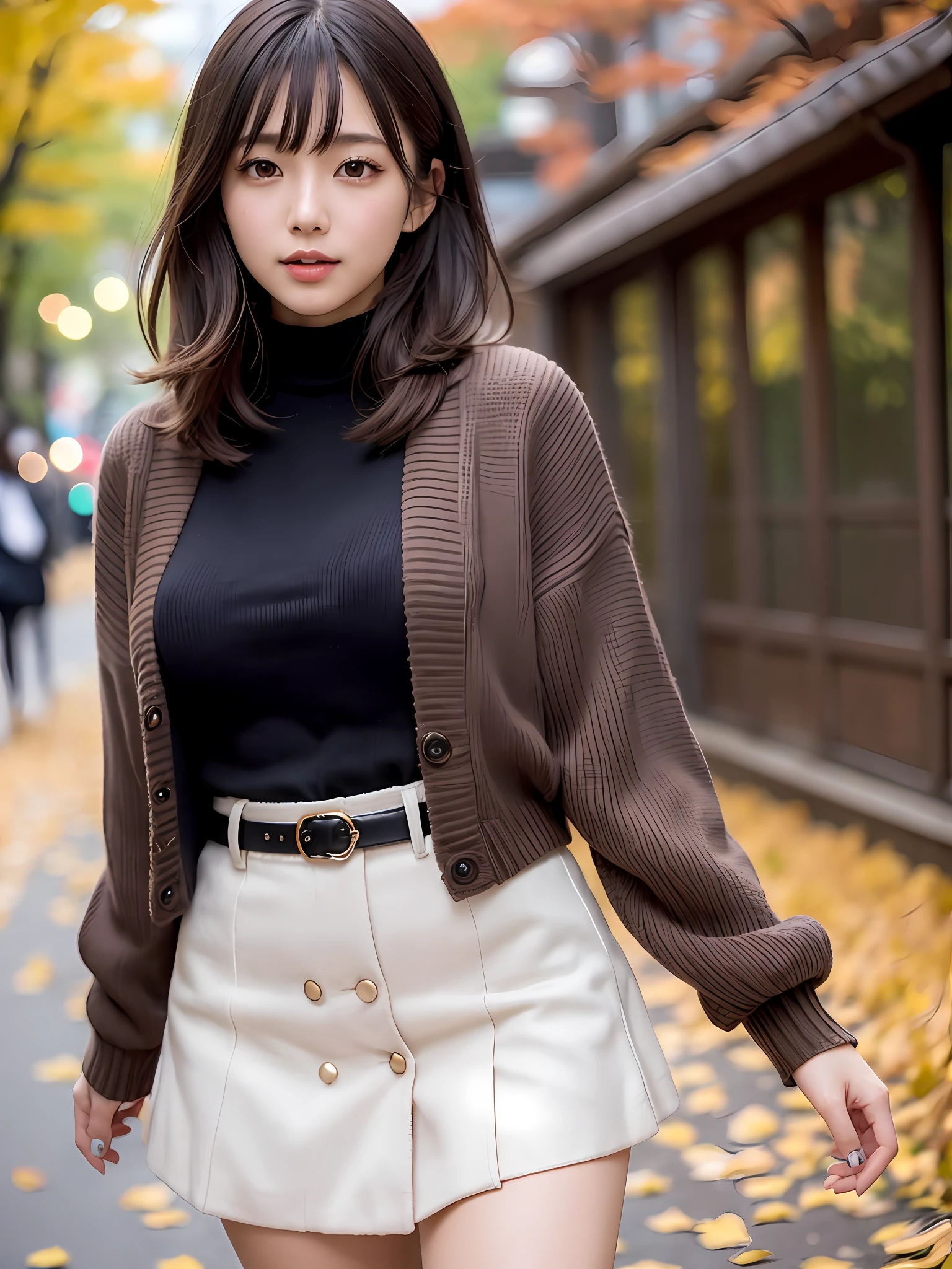 mastepiece, 1 girl per 1 photo, cowboy shot, front view, a Japanese young pretty girl, long bob hair, walking along the colorful autumn leaves in Japan, a big smile, wearing a dark brown knitted cardigan over a white turtleneck sweater, wearing denim skirt, wearing black leather long boots, hyper cute face, glossy lips, double eyelids for both eyes, natural makeup, shiny smooth light brown hair of long bob hair, asymmetrical bangs, tanned skin, central image, 8K resolution, high detail, detailed hairstyle, detailed face, cinematic lighting, octane rendering, hyper realistic, perfect limbs, perfect anatomy