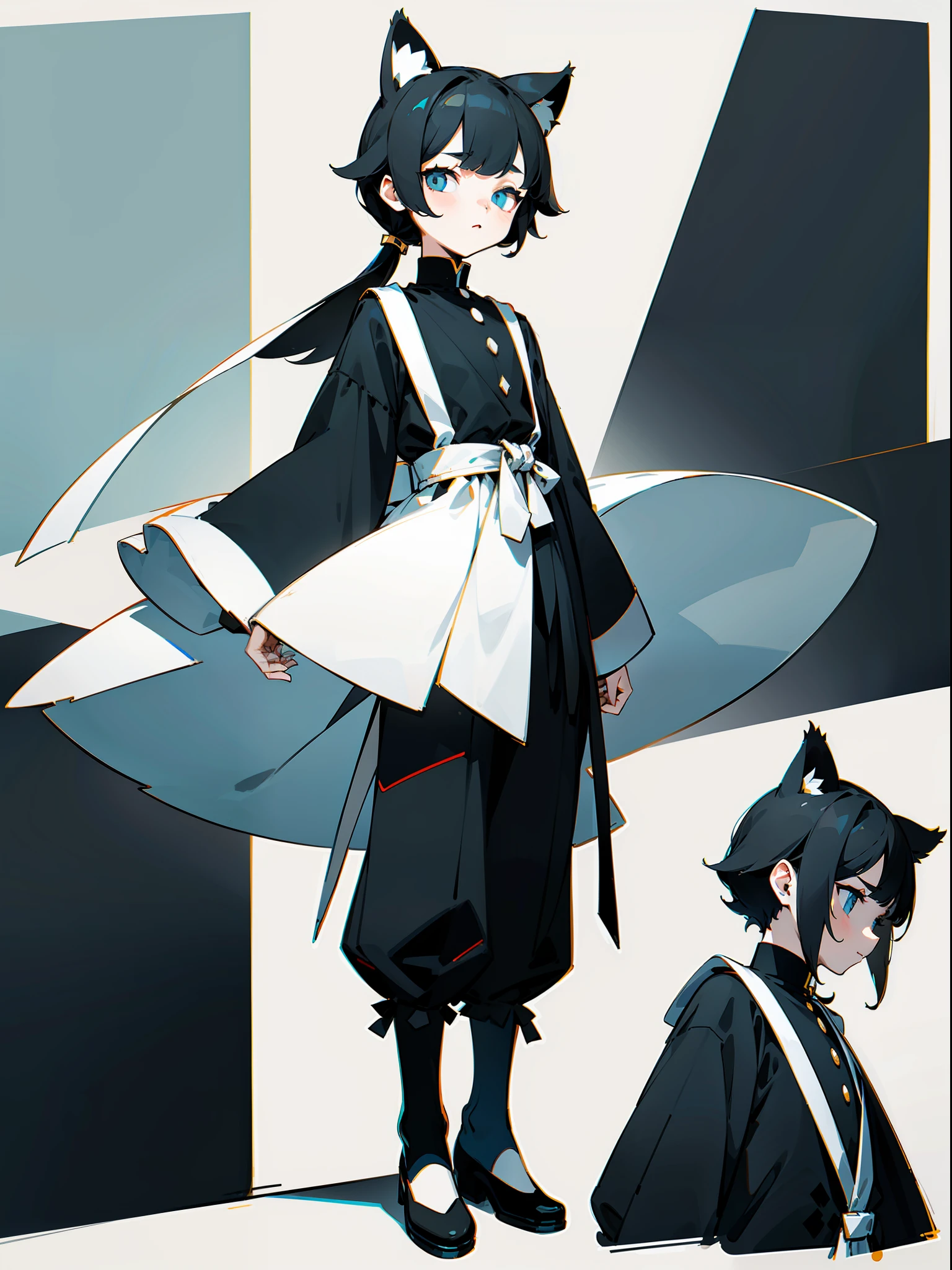 Cat-eared boy Various black and white color matching clothing designs，3×3 format image，A set of illustrations，The spacing between each element is equal，There is no overlap，Old memo kernel，Two image views，namely the frontview、the sideview、white backgrounid、Different image views  ，organic shapes and lines，illustratio，Flat illustration style，Flat illustration style，danish design"