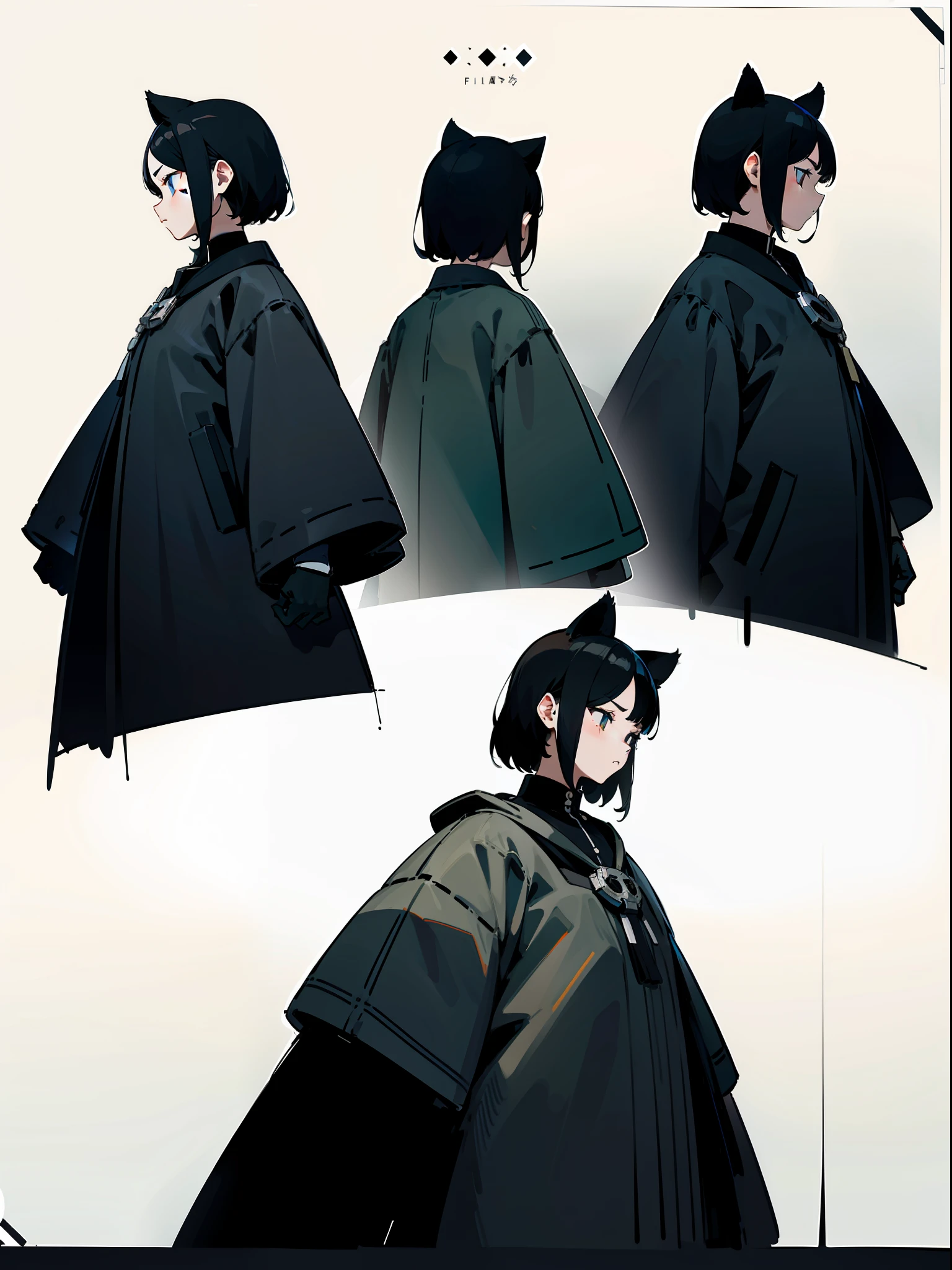 Cat-eared boy Various black and white color matching clothing designs,3×3 format image,A set of illustrations,The spacing between each element is equal,There is no overlap,Old memo kernel,Two image views,namely the frontview、the sideview、white backgrounid、Different image views ,organic shapes and lines,illustratio,Flat illustration style,Flat illustration style,danish design"