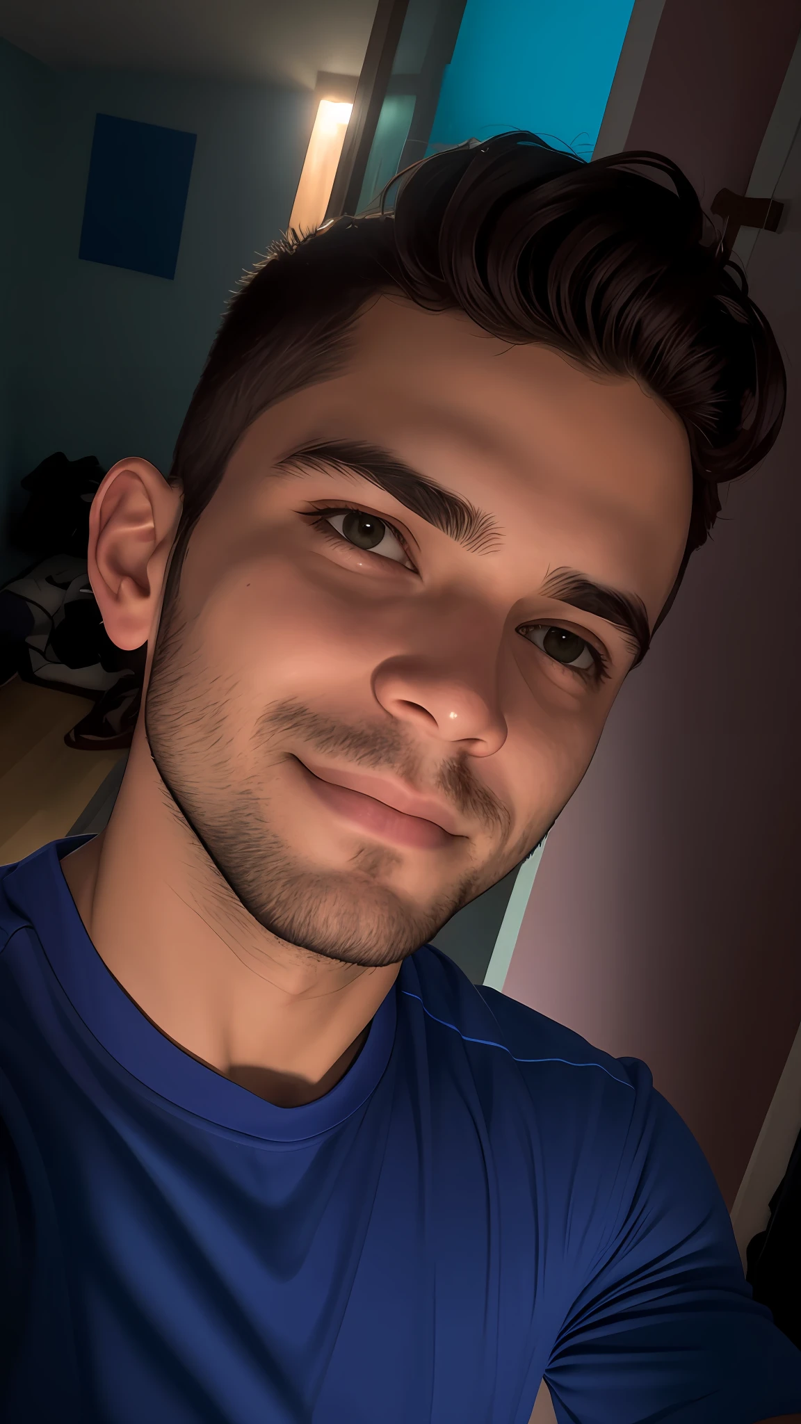 Homem Jovem usando uma camisa violeta , rosto detalhado sorridente, vestindo uma camisa azul com fundo bonito, facing the camera, Foto Selfie Frontal, ultra qualidade, ultra detalhado e nitido