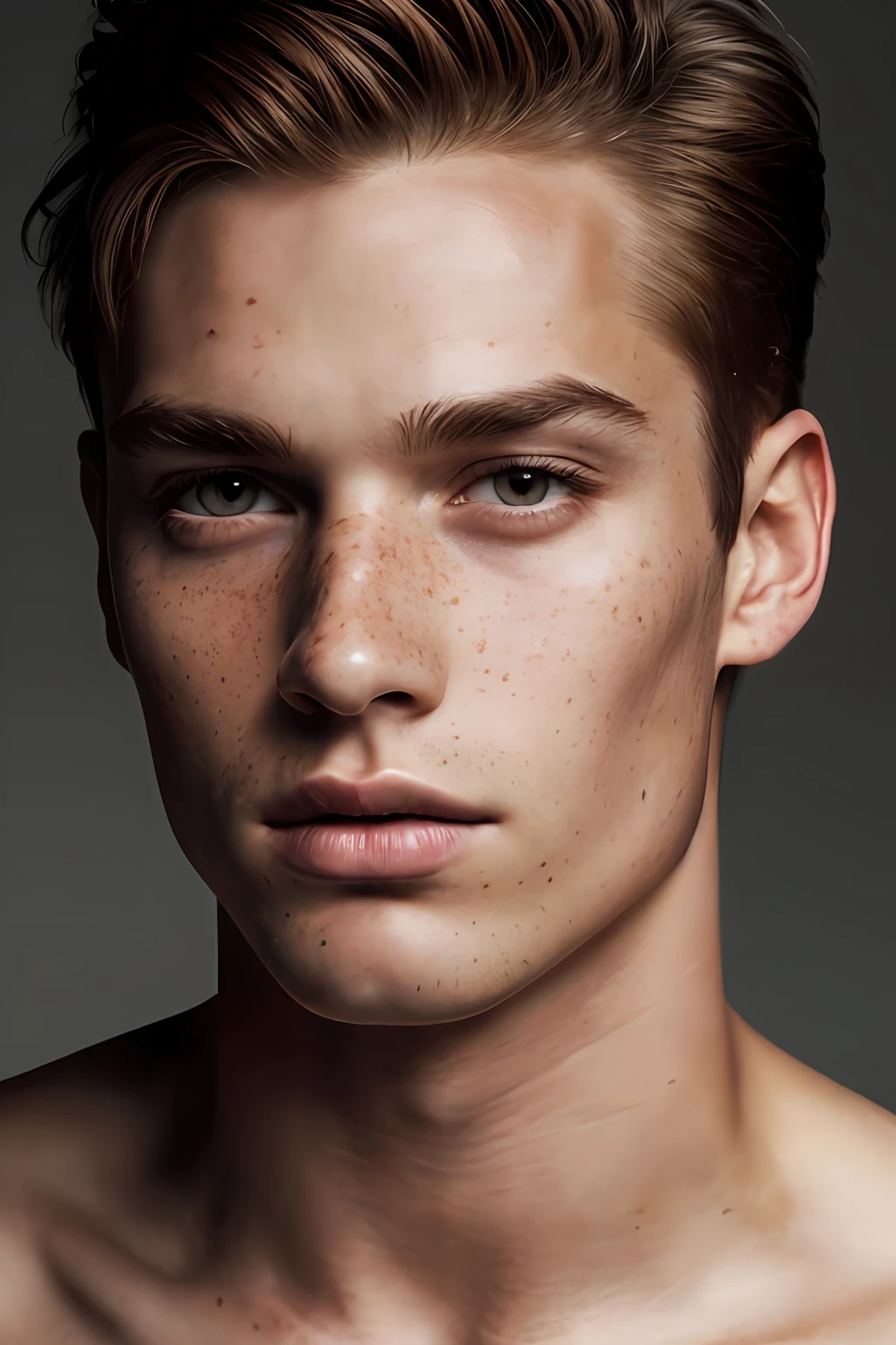 beautiful men, freckles, dark makeup, hyperdetailed photography, soft light, head and shoulders portrait, cover