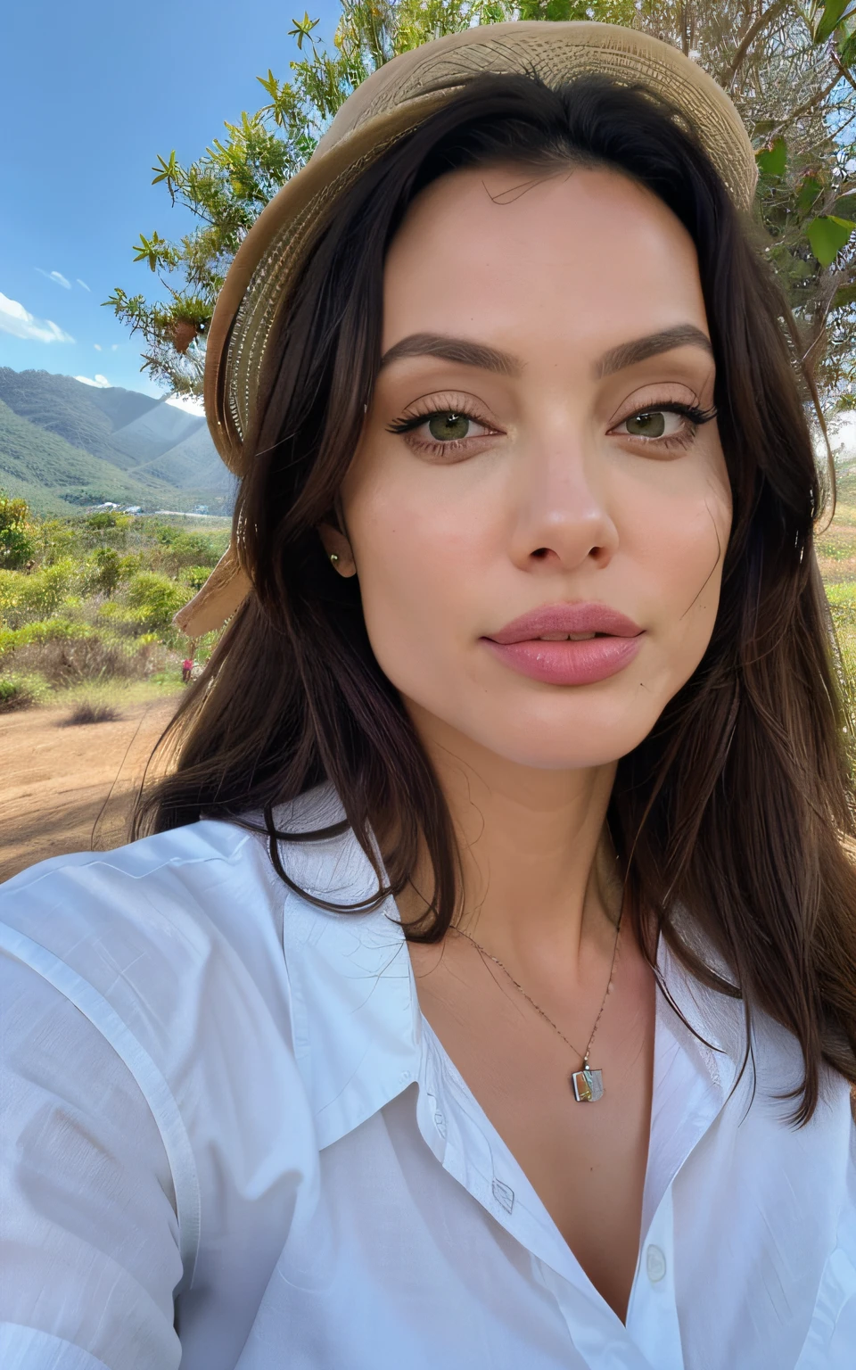 Angelina Jolie ((selfie da parte superior do corpo, feliz)), obra-prima, melhor qualidade, ultradetalhada, solo, ao ar livre, (noite), montanhas, natureza, (estrelas, lua) alegre, feliz, mochila, saco de dormir, camping stove, water bottle, botina country, Country Hat, camisa xadrez vermelha manga comprida aberta, lanterna, floresta, pedras, rio, madeira, smoke billowing, sombras, contraste, clear sky, estilo , (matiz quente, tom quente: 1,2), close-up, cinematiclight, side-lighting, Ultra high resolution, melhor sombra, RAW, parte superior do corpo, vestindo lingerie, olhar sedutor, seios enormes, 4k, open neckline, sexy