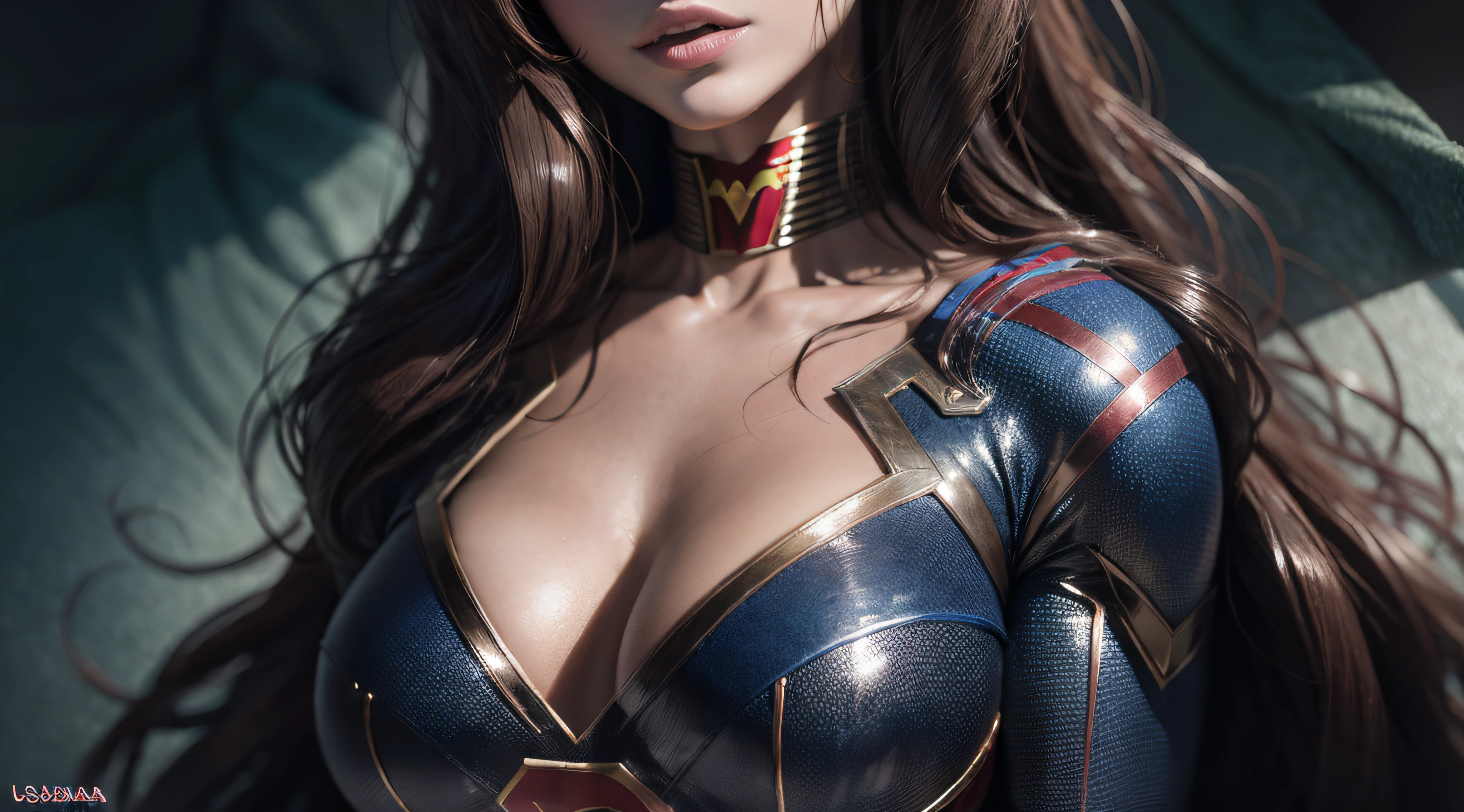 Hermosa mujer corta cabello negro definido cuerpo grandes pechos, usando cosplay de Supergirl, pecho desnudo, sudando. desnuda, sumisa, cuerpo completo, toma lejos.