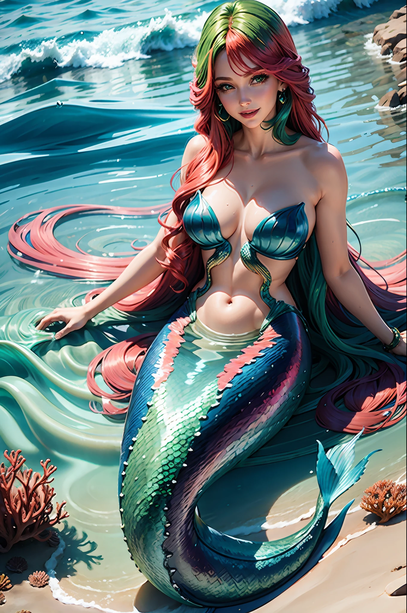 Mermaid, cabelos vermelhos, olhos verdes, inside the sea water surrounded by fish and corals, vibrant and magical colors, fantasia, rosto angelical e sorridente, long, flowing hair,