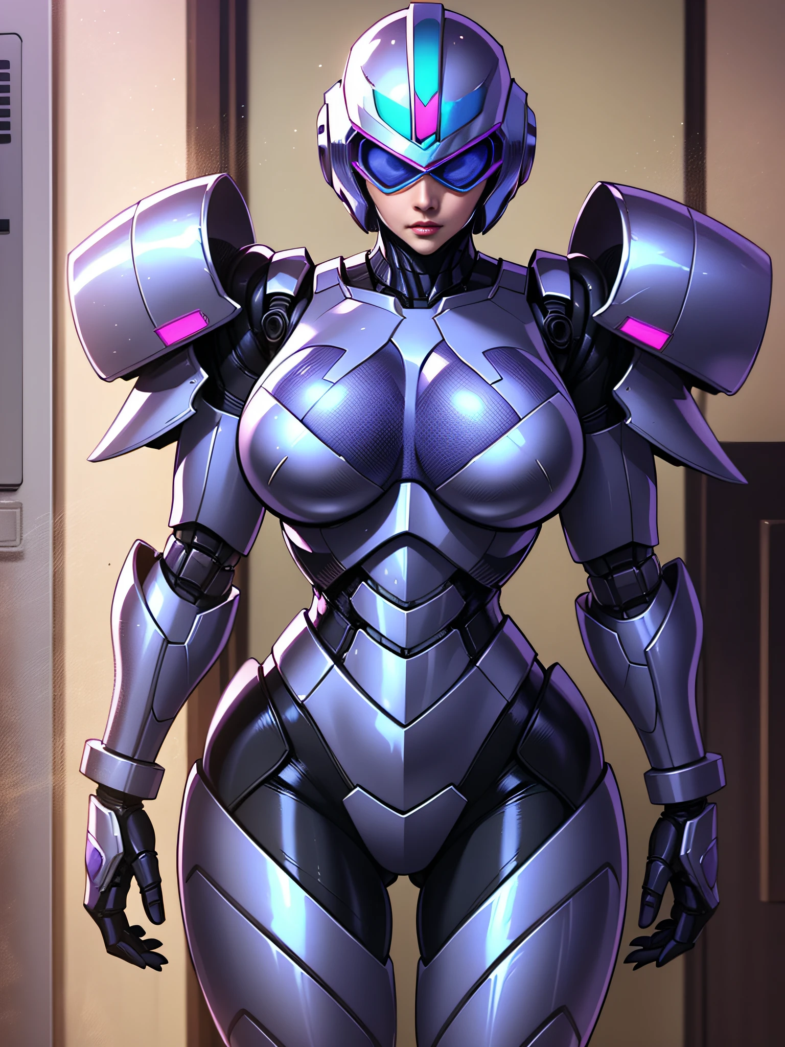 Female RoboCop、Armor that completely covers the whole body、very large chest-shaped chest armor,,,、Huge breasts、Helmet to hide your eyes、Rainbow Armor、Armor that completely covers the chest、Slender and long legs、Vibrant poses、full-body view