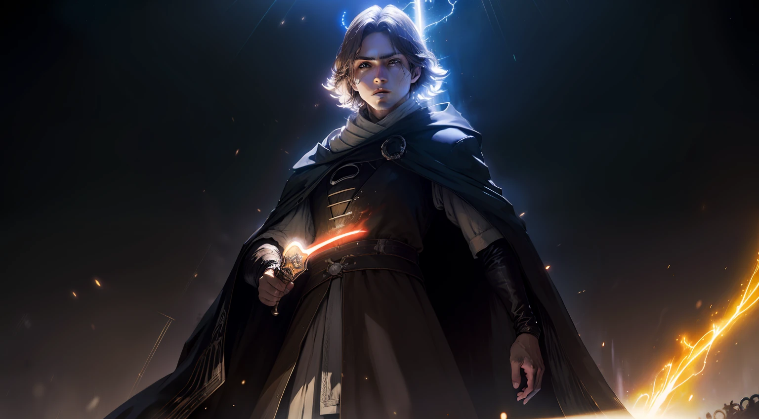 Anakin Skywalker, Sith, Tempos Sith, Anakin Skywalker como Sith do mal, Villanious, FALLEN ANGEL, alien Cinza, alien, FALLEN ANGEL, Cara bonito na foto de Demon Slayer, Anakin Skywalker with an epic sword of yellow light in a combat scene against Jesus Christ, godrays obscuro, cosmic sky