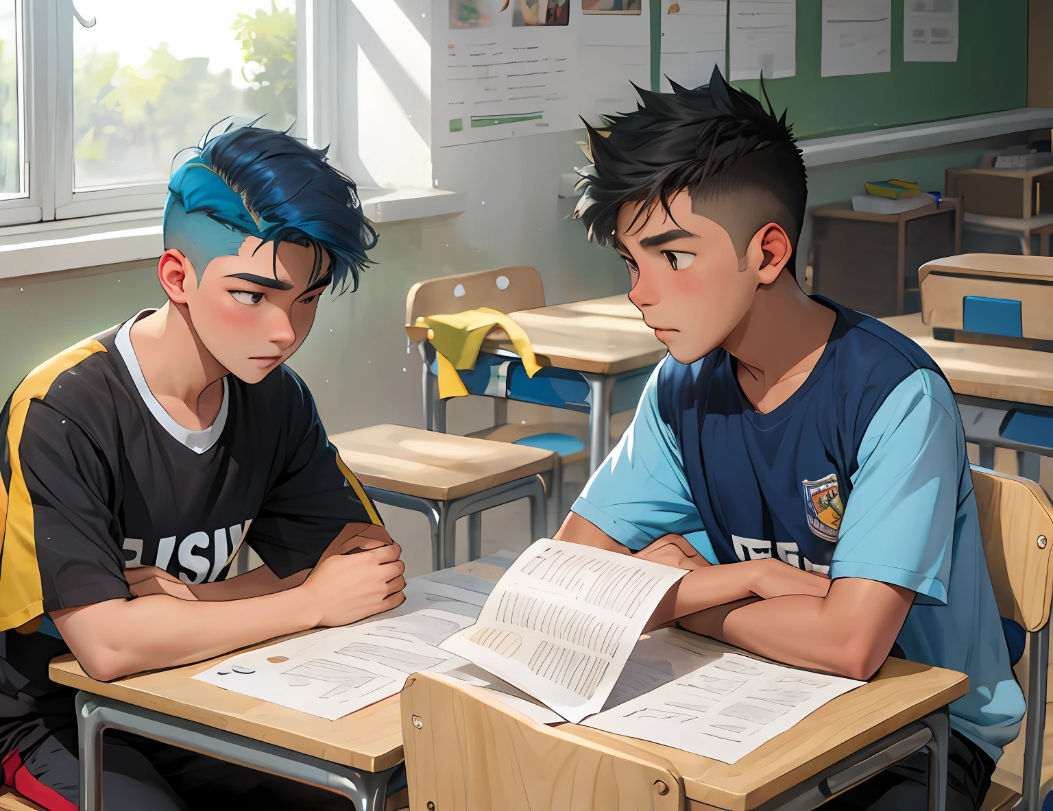 el joven le esta contando una historia tristeasu amigo en el salon