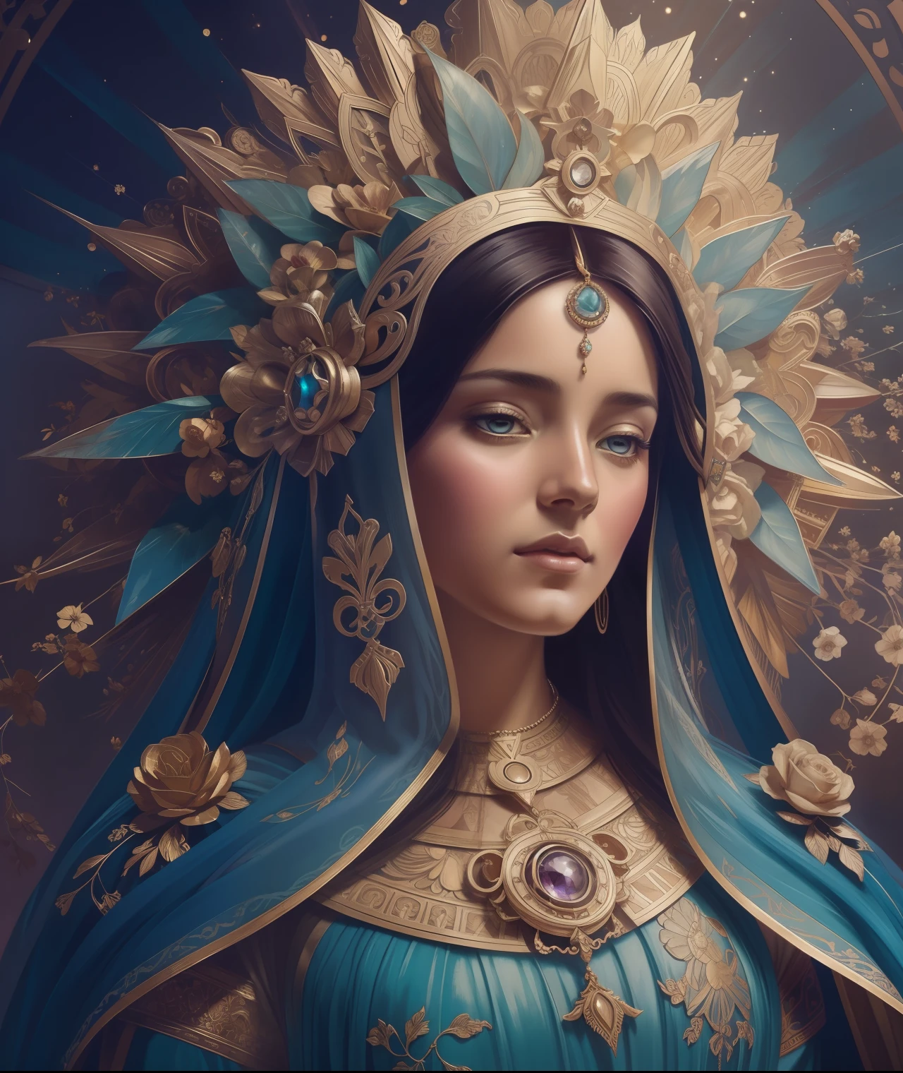 The Virgin Mary and the Child Jesus. MUJER CAUCASICA. 19 years old, DULCE Y LA INOCENTE MIRADA ANGELICAL, Alta calidad, obra maestra, rasgos faciales exquisitos, cabello exquisito, ojos exquisitos, cabello de color exquisito, calidad de imagen 4K, hermosa luz y sombra, efecto Tyndall, halo, cabello desordenado, estado joven, escena hermosa, ropa exquisita, cadenas, plumas, belleza antigua con ojos grandes muy detallados, pintura digital, artstation, arte conceptual, foco nítido, illustration, arte de greg rutkowski y alphonse mucha y victo ngai