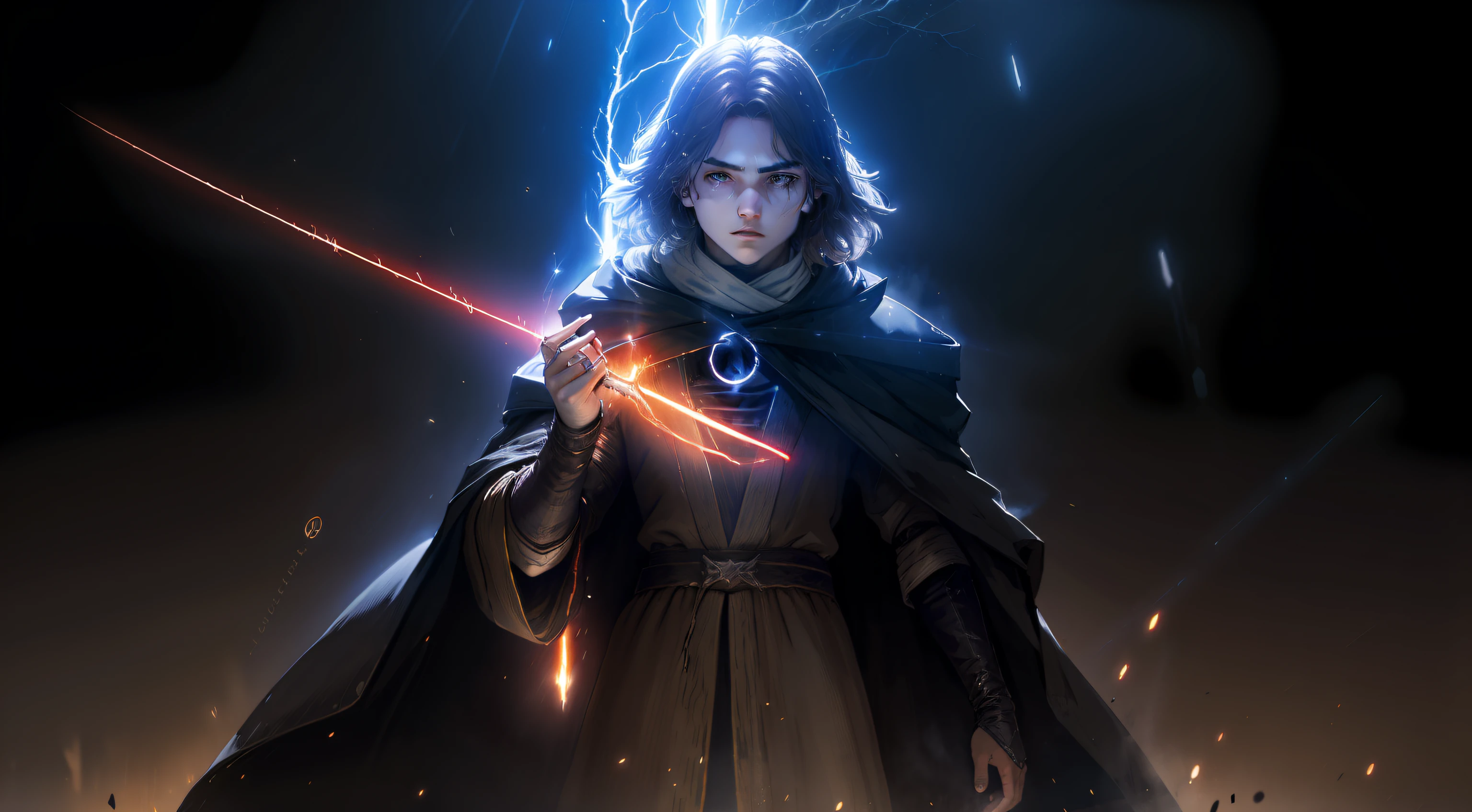 Anakin Skywalker, Sith, Tempos Sith, Anakin Skywalker como Sith do mal, Villanious, FALLEN ANGEL, alien Cinza, alien, FALLEN ANGEL, Cara bonito na foto de Demon Slayer, Anakin Skywalker with an epic sword of yellow light in a combat scene against Jesus Christ, godrays obscuro, cosmic sky