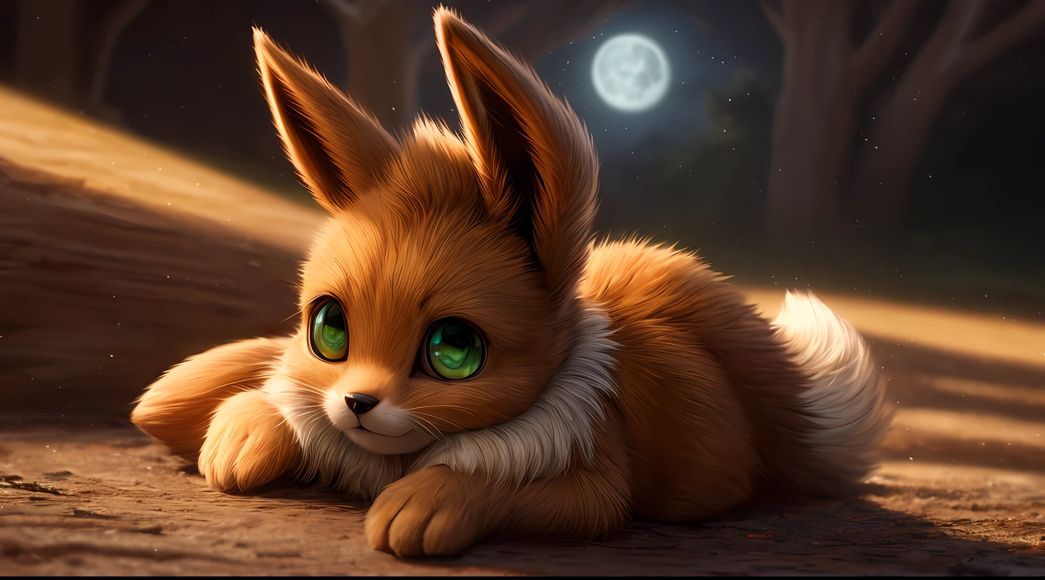 The little bunny is a child who likes to ask why,She always had a lot of big questions in her little head。。。,Like what,Why do carrots grow in the ground and not on trees?Why is the moon in the water after being scooped up,It becomes a small moon?Why do the stars in the sky always blink, Solo ((feral eevee)) with ((brown body)) and (white neck tuft) and ((Fluffy tail)) and ((clear green eyes)), (detailed feral brown fox eevee), (Detailed lighting), (detailed brown fox fur), Break, (Cinematic lighting), ((Detailed background)), ((Depth of field)), (half body shadow), ((Sunlight)), Break, ((Intricate, High detail, Film photography, Sharp focus, RAW candid cinema, Realistic, Photorealistic, analogue style, Subsurface scattering, Masterpiece, Best quality, Ultra photo realsisim, 8K)),