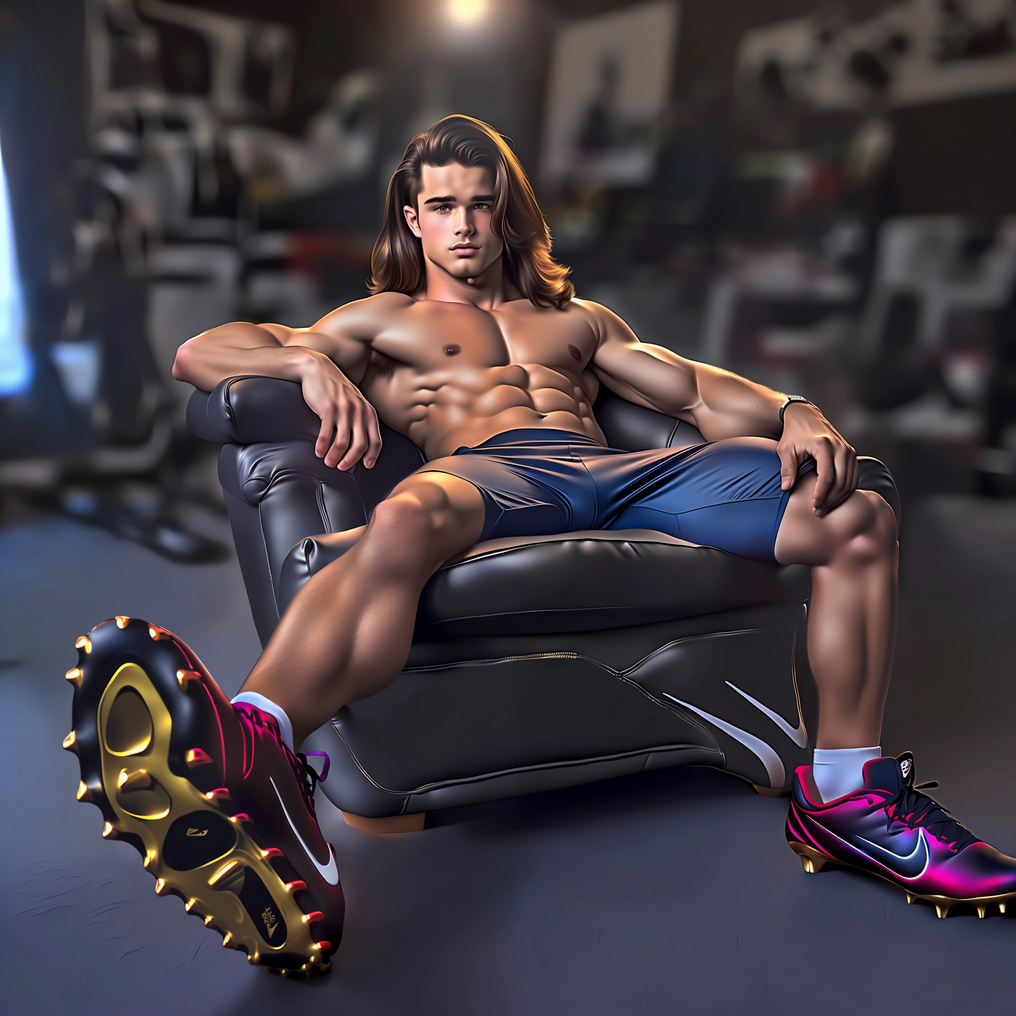An 18-year-old boy musclejock, embodying the perfect fusion of Joey Lawrence and Spencer Boldman with long hair, relaxing and reclining in a chair with his legs up and spread out showing the bottoms of his Nike Cleats. facing the lens in photo studio. Enhanced with HDR technology, this image depicts a true masterpiece, 4K resolution, feet POV, foreshortened perspective, flawlessly rendered anatomy, Detailed illustration of shoes with exquisite realism and skilled craftsmanship. a portrait inspired by Randy Vargas, reddit, realism, profile image, 70mm lens