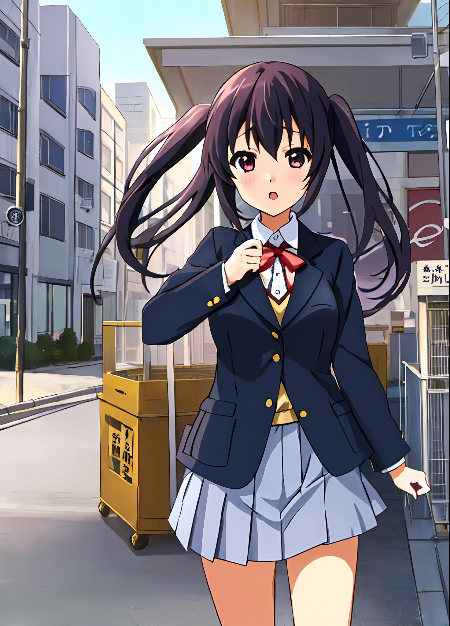 1girl, (((masterpiece))), top-quality, top-quality, High Details, nakano azusa, 1girl, Sakuragaoka High School Uniform, student clothes, Twin-tailed, length hair, A dark-haired, brown-eyed, 独奏, reddish, Dark blue blazer with thin red ribbon, Solid white buttoned shirt under blazer, illustratio, comic strip, soothing tones, Subdued Color, Soft cinematic light, adobe lightroom, photolab, HDR, intricately and hyper-detailed、(((depth of fields))))。(((masterpiece)))。(((top-quality))).)((ultra-detailliert)))。(((illustratio)))。(((takeout))).dynamic focus.big breasts.(((Skyscrapers))).(((A city scape))).(((Face of sadness))). open mouth.(((fighting stance))).(((up chest))).((evening glow)).((the setting sun)).