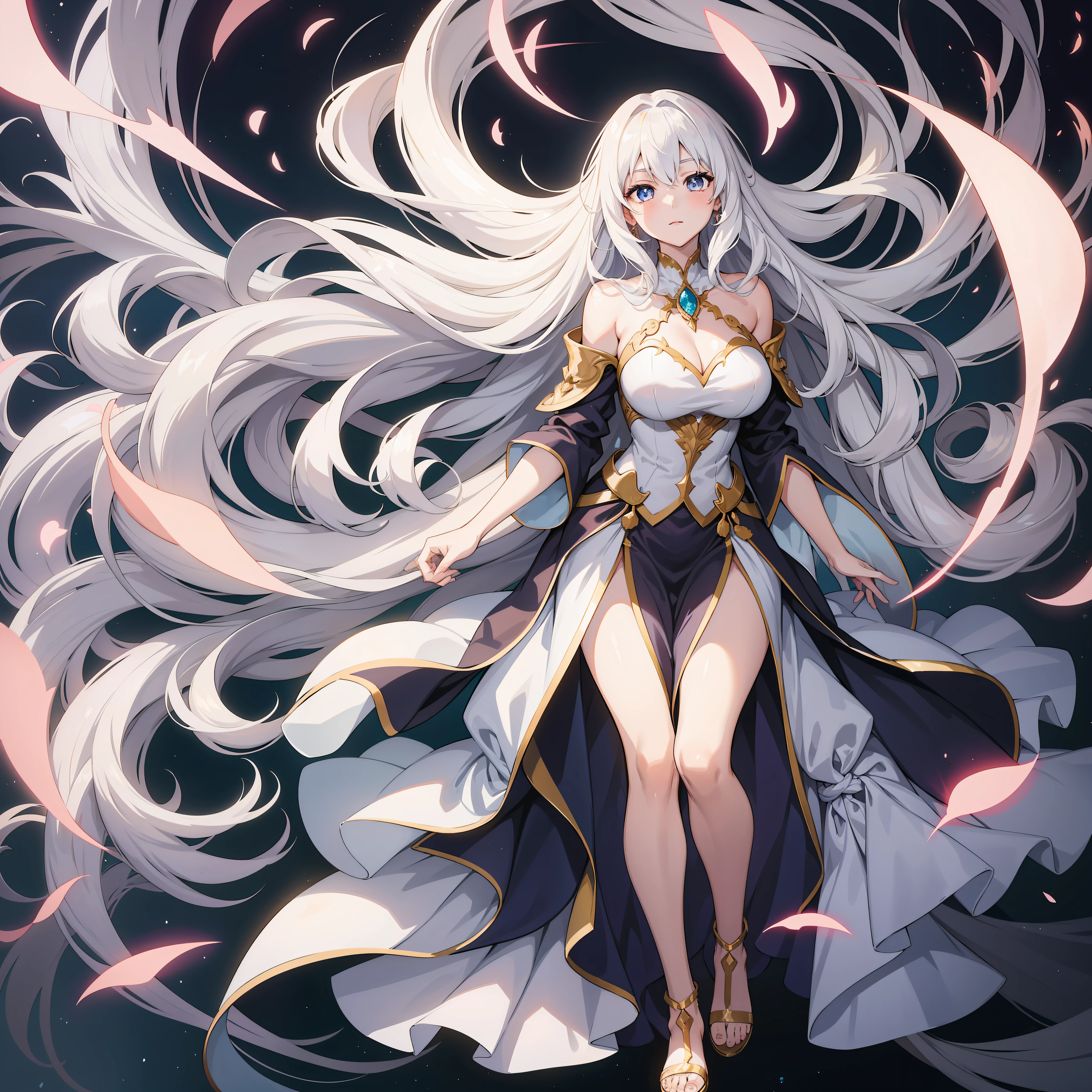 Illustrate an anime girl with flowing hair, adorned in an elegant gown, and surrounded by a soft glow of magic, white hair, full body shot