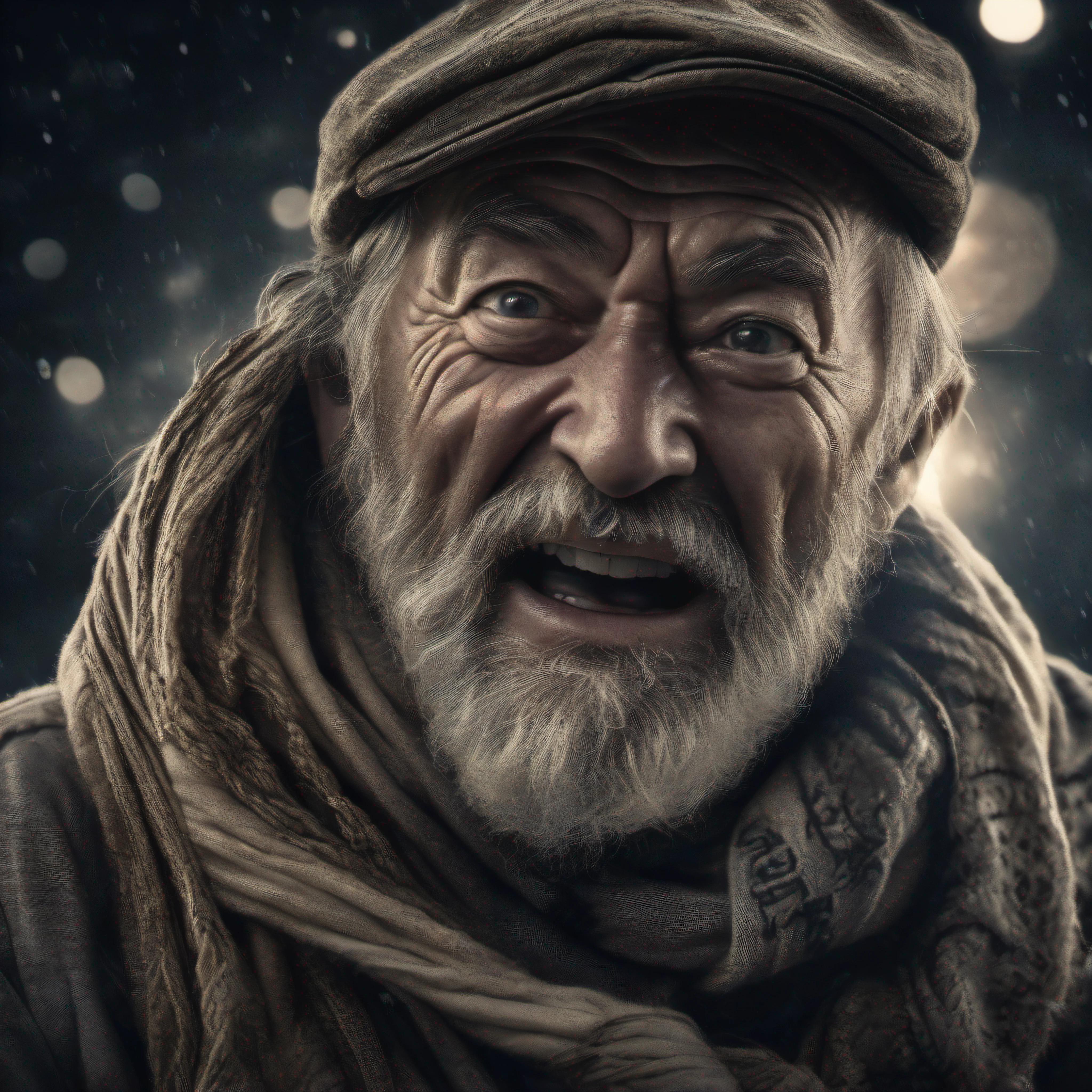 award winning upper body portrait photo of a man an old screaming sailor, wearing scarf, eyes looking upwards, (bokeh:0.7), sidelit, (wrinkled face in detail:0.7), telephoto, moonlit, torchlit, gritty atmosphere, oceanic night exterior, realistic, intricate details, true aged skin texture