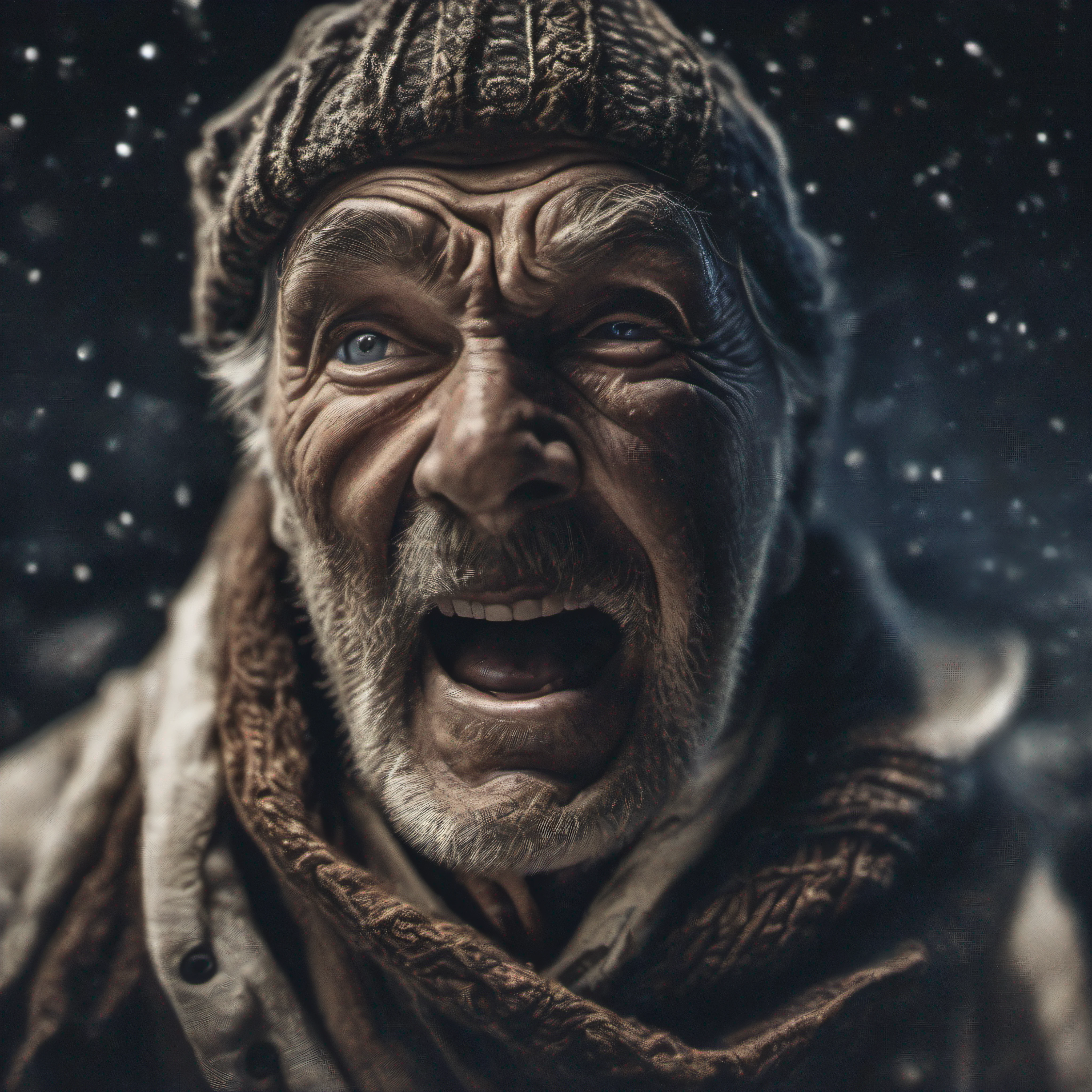award winning upper body portrait photo of a man an old screaming sailor, wearing scarf, eyes looking upwards, (bokeh:0.7), sidelit, (wrinkled face in detail:0.7), telephoto, moonlit, torchlit, gritty atmosphere, oceanic night exterior, realistic, intricate details, true aged skin texture