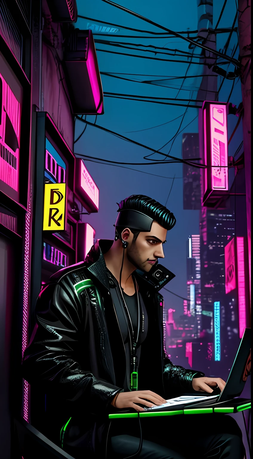 homem cyberpunk vendendo escritorio cyberpunk futurista neon