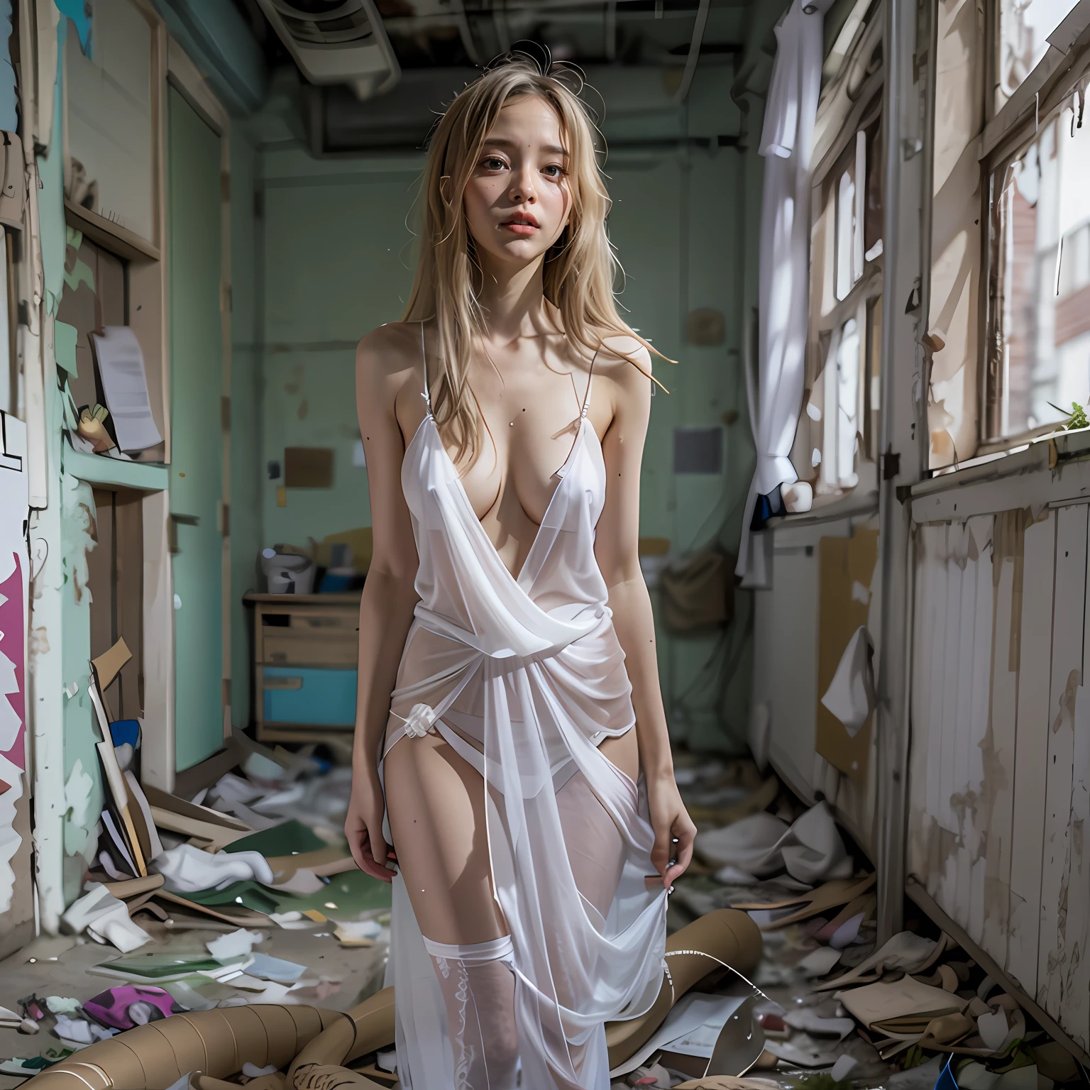 Abandoned classrooms,White transparent silk tight wedding dress,Very few clothes,Extreme exhibitionism,Sexy standing pose,Garbage all over the ground,grimy,Dilapidated,Devastated,best qualtiy,full-body portraits(1:1),18 years old girls,lean and slender body,Skinny,Smaller bust,The barefoot,junk,Leakage of the entire breast,Leaky ,Leaking the genitals,Naked all over the body,face to the viewer,Nude 1.1