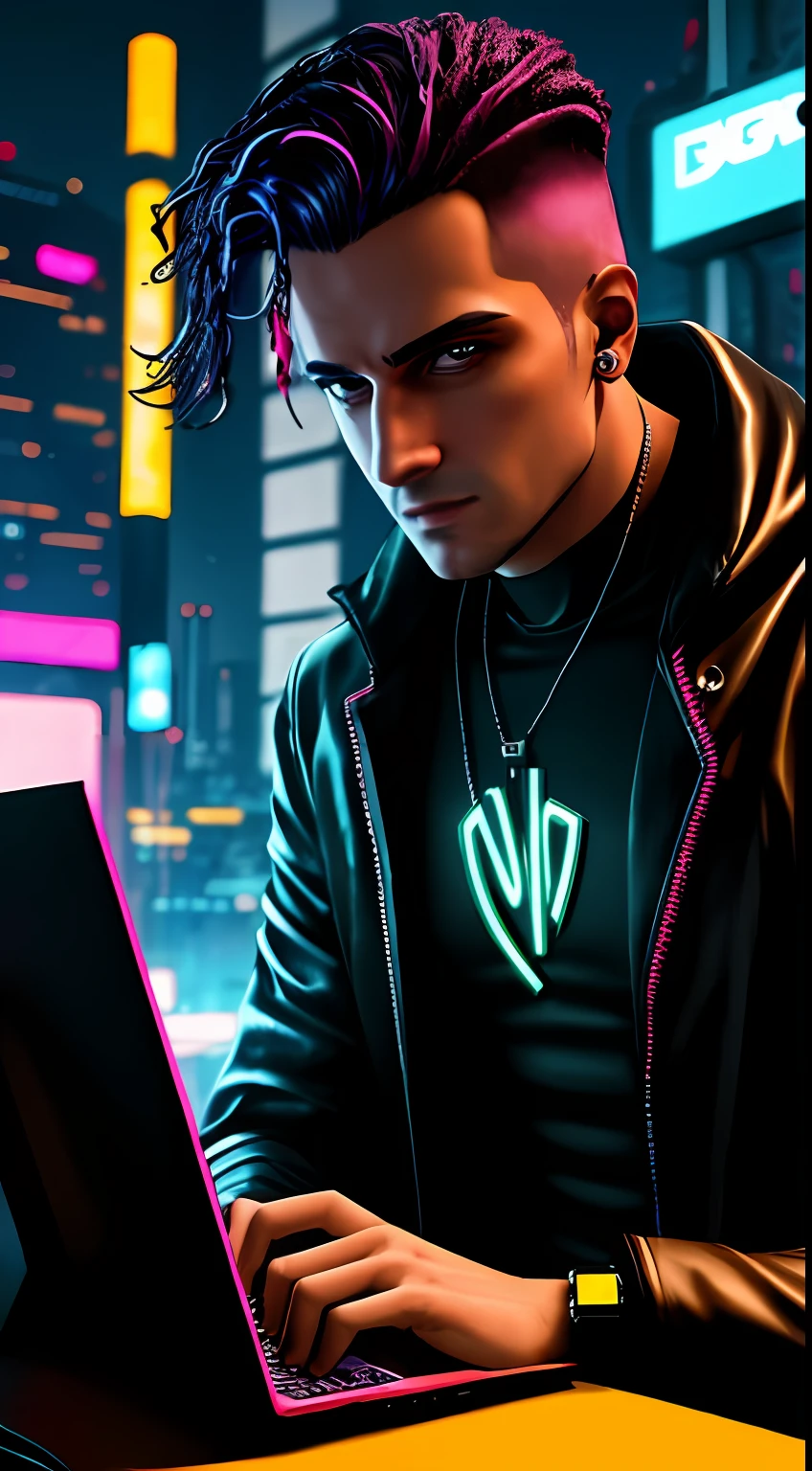 homem cyberpunk vendendo escritorio cyberpunk futurista neon