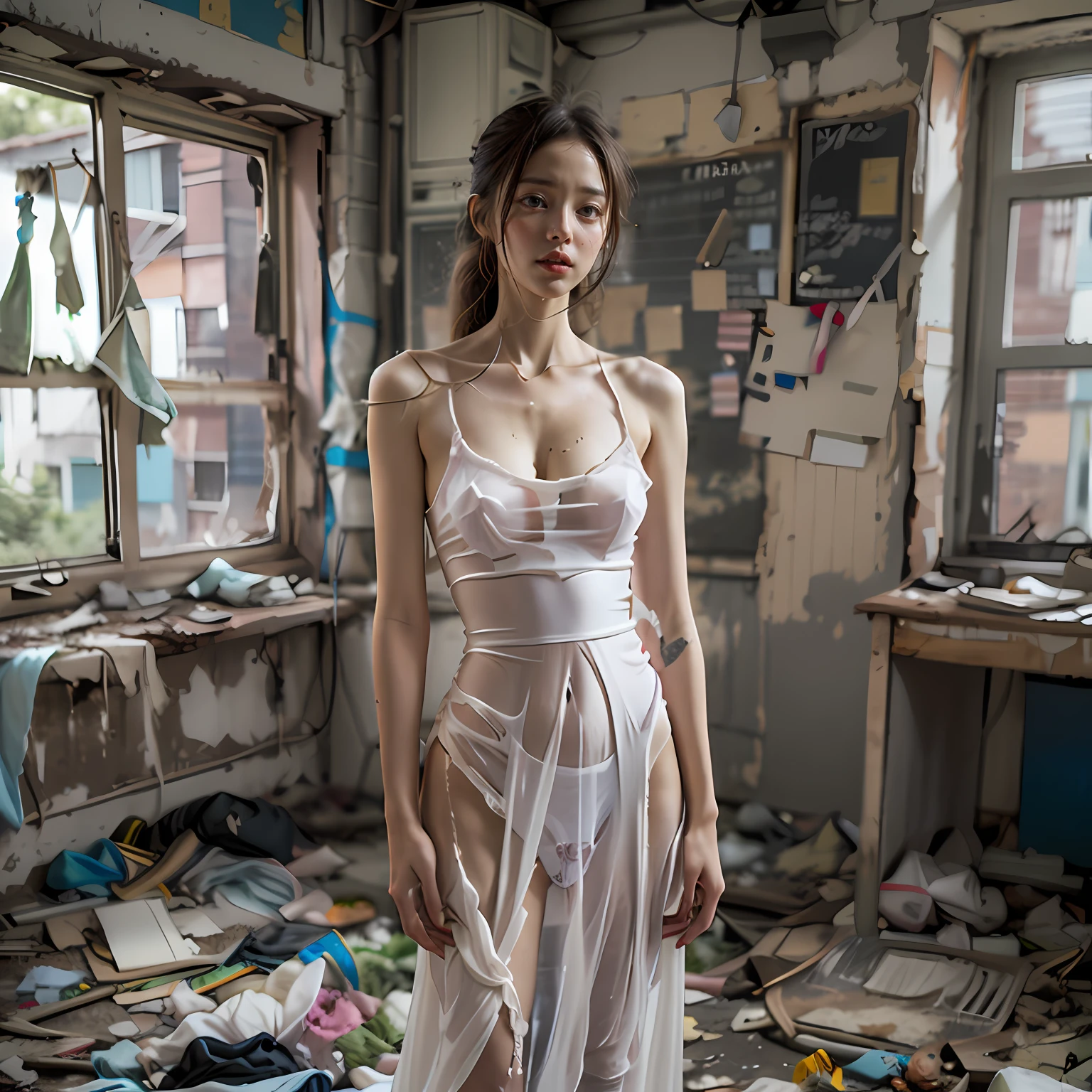 Abandoned classrooms,White transparent silk tight wedding dress,Very few clothes,Extreme exhibitionism,Sexy standing pose,Garbage all over the ground,grimy,Dilapidated,Devastated,best qualtiy,full-body portraits(1:1),18 years old girls,lean and slender body,Skinny,Smaller bust,The barefoot,junk,Leakage of the entire breast,Leaky ,Leaking the genitals,Naked all over the body,face to the viewer,Nude 1.1