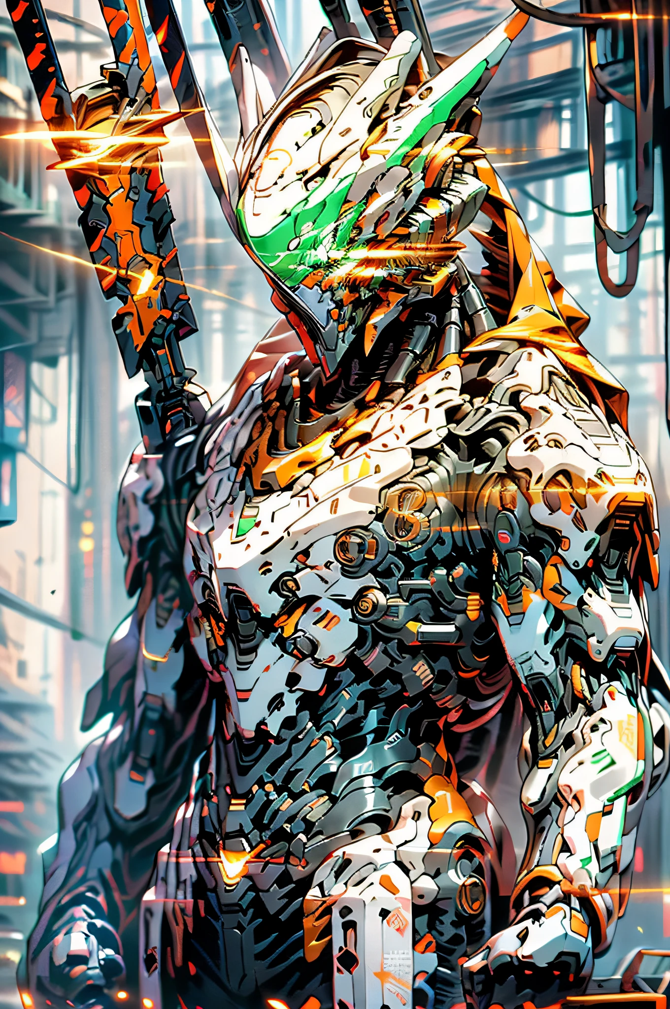 On the moon, barren planet, ruins, holding weapons, no humans, glowing, robot, building, glowing eyes, orange mech, science fiction, city, reality, mecha, galaxy background, full body, neon, cyber Punk, 8K wallpapers, ultra-detailed artwork, cinematic lighting, realistic photos, Dark_Fantasy, Cyberpunk, (chain saw, chain saw man, Red: 1.1), 1man, Mechanical marvel, Robotic presence, Cybernetic guardian, wearing a worn-out machine armor suit, intricate, (steel metal [rust]), elegant, sharp focus, photographed by greg rutkowski, soft lighting, vibrant colors, masterpiece, ((street)), cowboy shot, dynamic pose,
