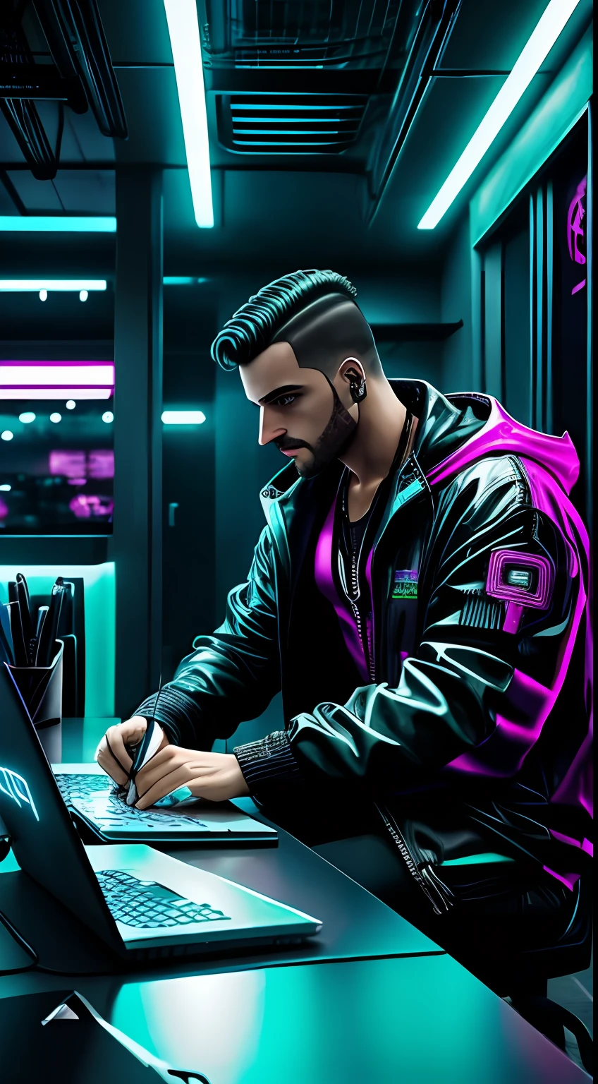 homem cyberpunk vendendo escritorio cyberpunk futurista neon