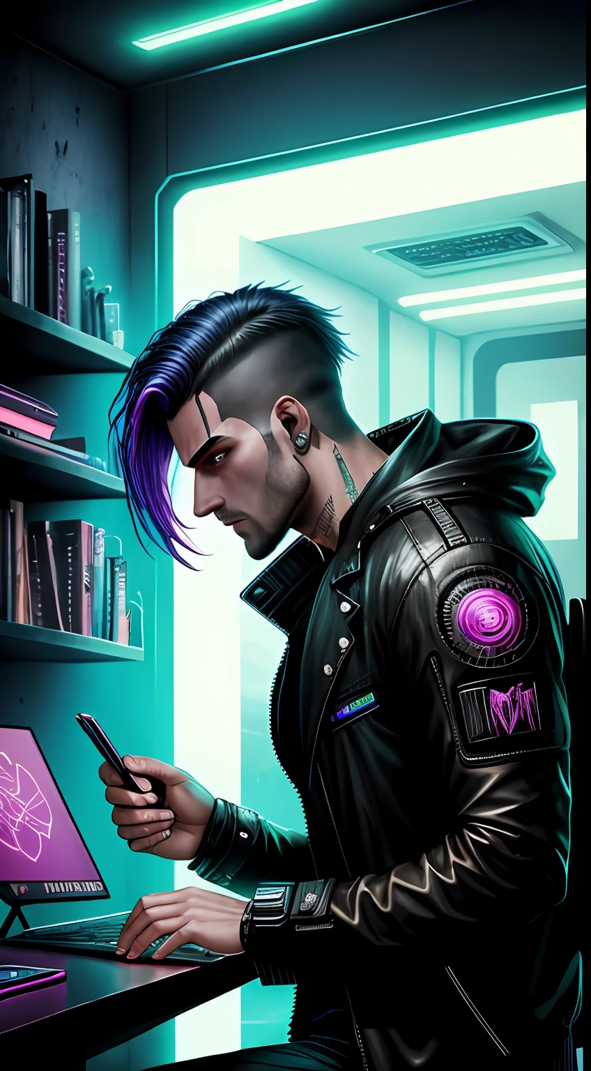 homem cyberpunk vendendo escritorio cyberpunk futurista neon