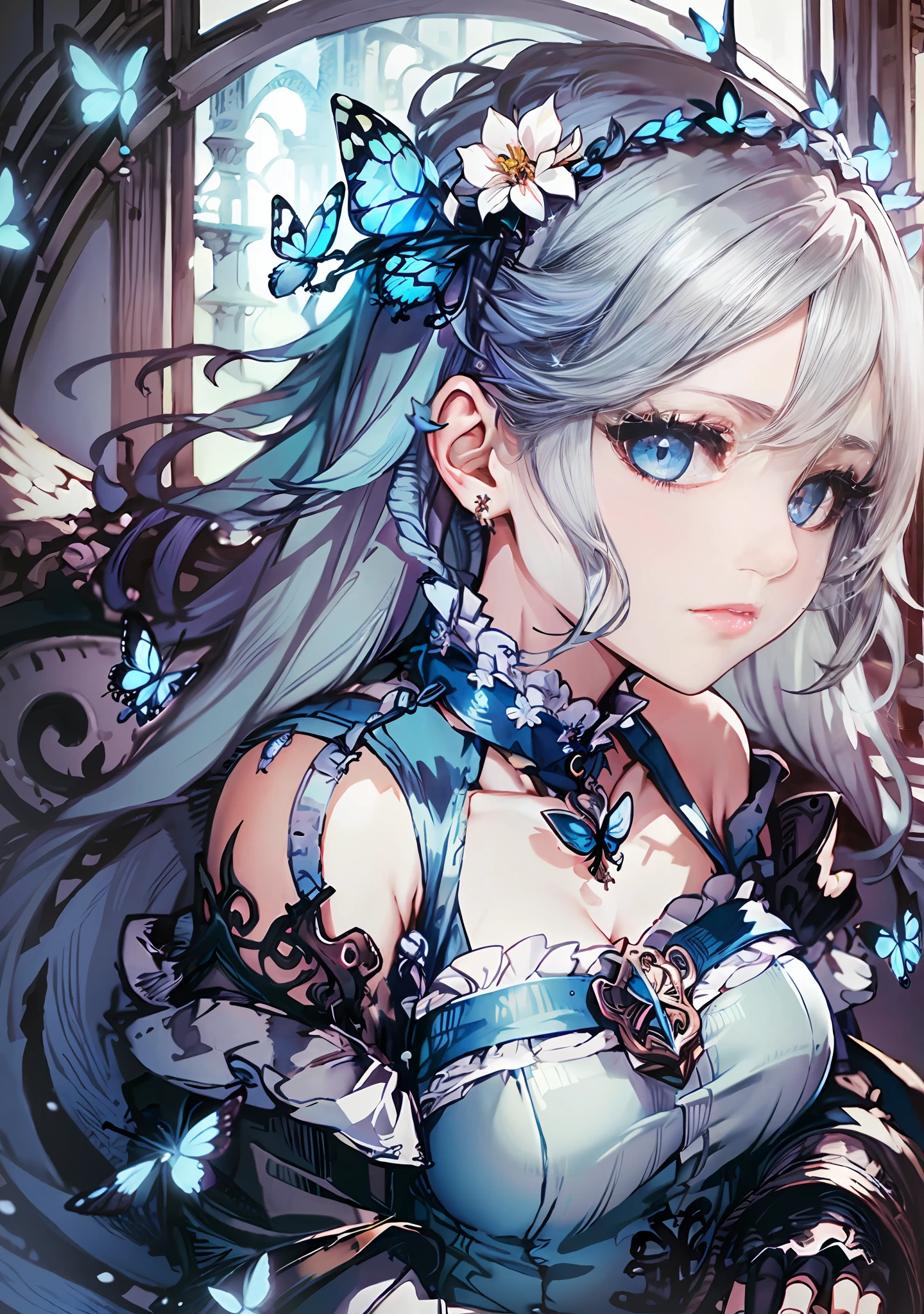 (Overhead view),dynamic angle,ultra-detailed, illustration, close-up, straight on, 1girl, (fantasy:1.4), (azure blue eyes:1.233),Her eyes shone like dreamy stars,(glowing eyes:1.233),(beautiful and detailed eyes:1.1),(Silver hair:1.14),(messy hair,very long hair,french braid,hair between eyes,sidelocks), (+(bule hair flower:1.14)),(chiffon dress,bule flower pattern in uniform)/=(military uniform:1.24),(detached sleeves,wide sleeves),(fingerless gloves),choker,(miko thighhighs),High heeled boots,(expressionless,closed mouth),(standing), (classical Princess boudoir with dressing tableand french windowin a white ancient palaces),(white flowers,bloom),(abysmal sea),(flowing water),(a dull blue world tree:1.14),(ruins),(night:1.2),dreamy,soul,(fluorescence),(flying translucent blue butterflies:1.15), [[delicate fingers and hands:0.55]::0.85],(detail fingers),(yubao:0.5),