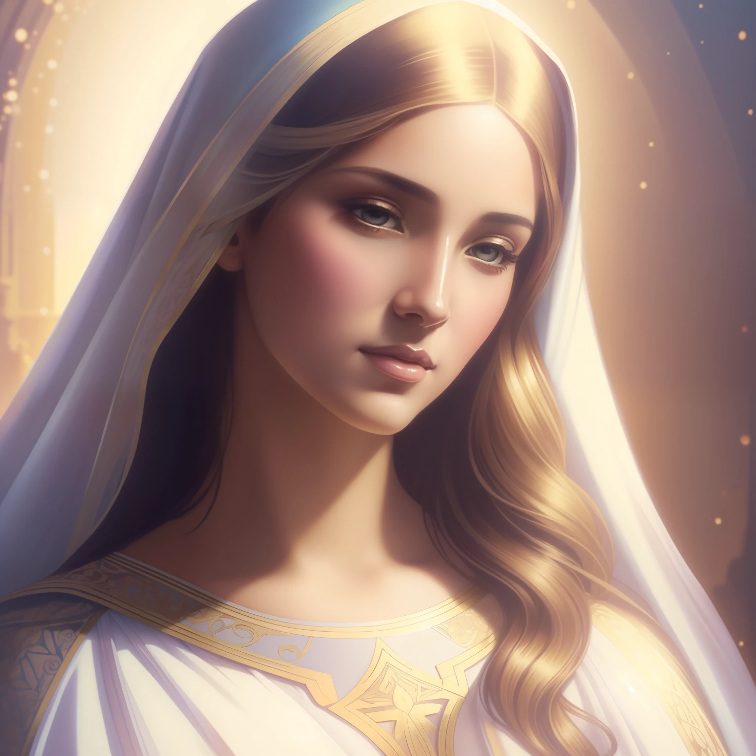 The Virgin Mary and the Child Jesus. MUJER CAUCASICA. 19 years old, DULCE Y LA INOCENTE MIRADA ANGELICAL, Alta calidad, obra maestra, rasgos faciales exquisitos, cabello exquisito, ojos exquisitos, cabello de color exquisito, calidad de imagen 4K, hermosa luz y sombra, efecto Tyndall, halo, cabello desordenado, estado joven, escena hermosa, ropa exquisita, cadenas, plumas, belleza antigua con ojos grandes muy detallados, pintura digital, artstation, arte conceptual, foco nítido, illustration, arte de greg rutkowski y alphonse mucha y victo ngai
