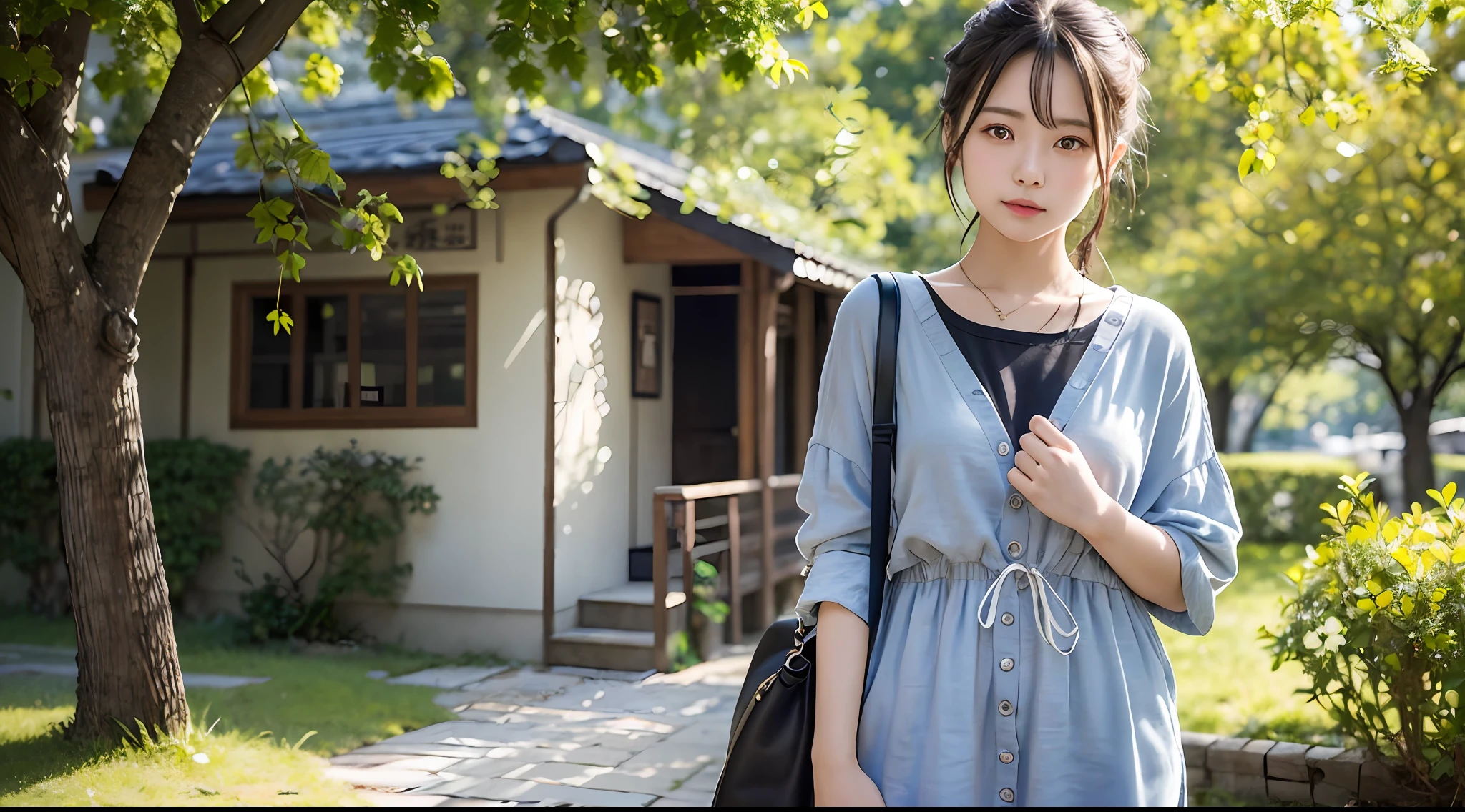 女の子1人、Women around 20 years old、Fashionable clothes、a picture、realisticlying、top-quality、adopt、A detailed face、细致背景、diffuse sunlight、depth of fields、独奏