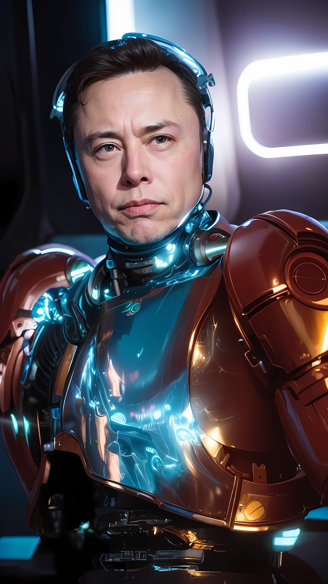 um close up de uma pessoa de terno com capacete, Elon Musk como um ciborgue, T-1000, filme ainda de um ciborgue legal, Nicolas Cage como um androide, Donald Trump como um ciborgue, Robocop, Retrato Robocop, filme ainda de um ciborgue, Jim Carrey como Exterminador do Futuro, movie still of a villain cyborg