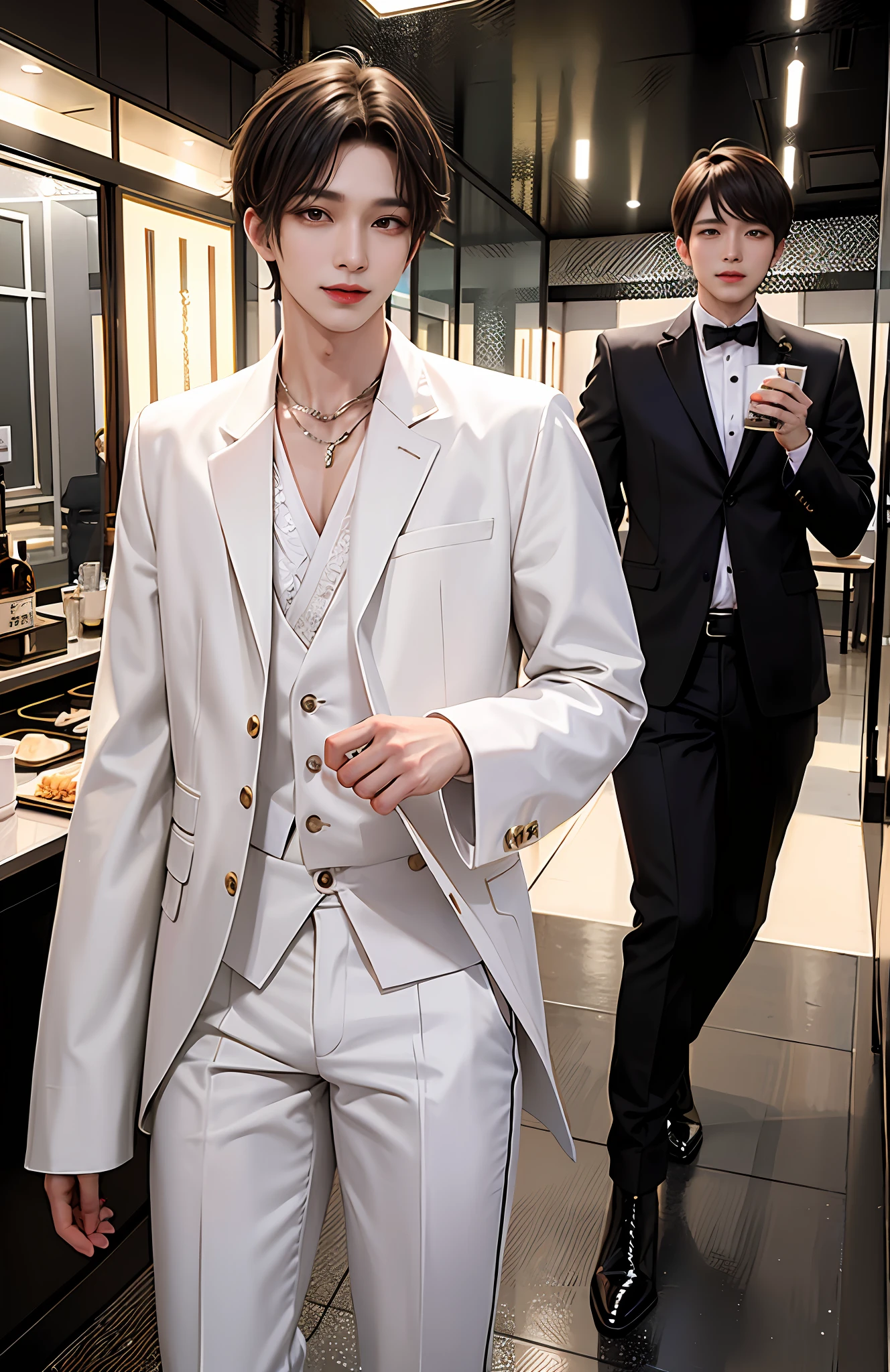 Masterpiece, top quality, two men, young kpop idol, fashionabld dance costume, tall muscles, handsome and delicate eyes, intricate details, clubbing, club, smile, dancing with hiphop, kpop idol, aesthetic, romantic, dreamy,
