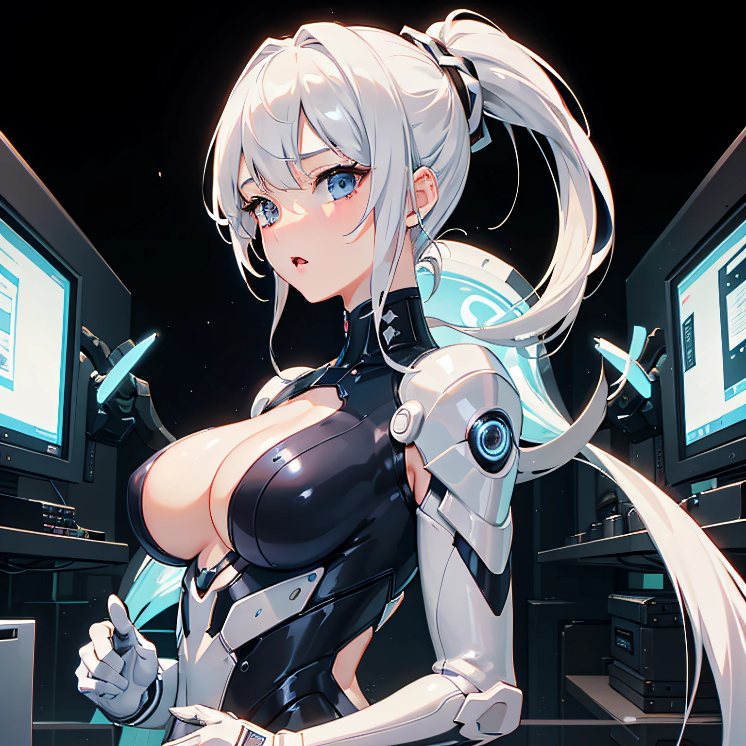 realisitic、tits out、Cyberpunk、cleavage of the breast、Bring your chest together with your arms、Beautifully shaped breasts、Overexposed、Cyber City、a moon、Moon Night、nightcity、((top-quality)), ((masterpiece)), (high-detail:1.3), 3D, Beautiful fece、mechanical suit、Near Future Cyber Suit、White Cybersuit、White robot costume、bustup、Kamimei、machinery suit、Raw feet、legs with exposed skin、White ponytail、Gray hair long ponytail、white hair、Kamimei、Angle from top、Open your mouth slightly、Mouth is open