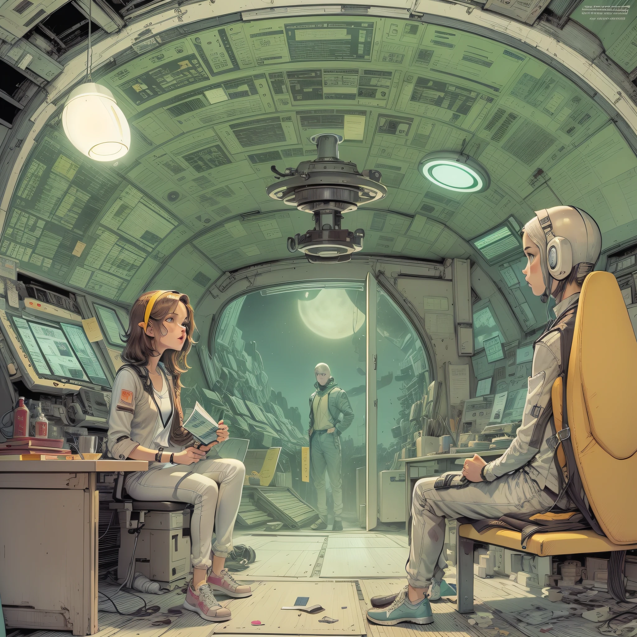en estilo comic, seres bajitos alienigeras extraterrestres, con cara simpatica, en una cabina voladora con altisima tecnologia.