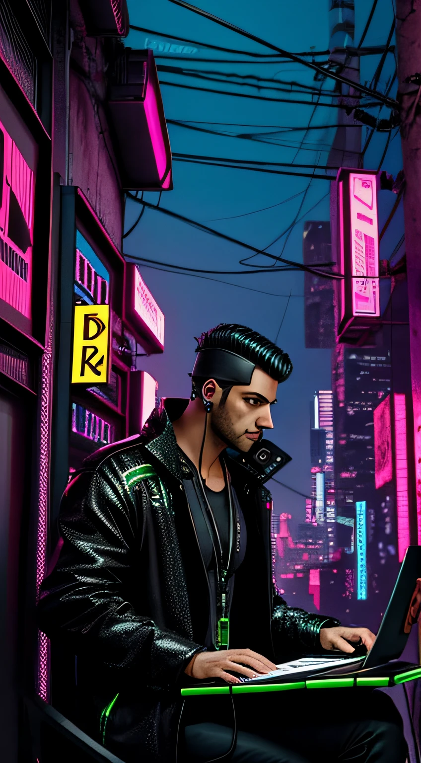 homem cyberpunk vendendo escritorio cyberpunk futurista neon