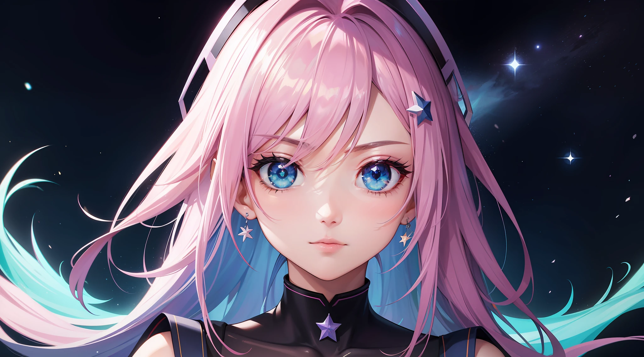 Mulher ninja com fone de ouvido sentido paz, olhos brilhantes com estrela, rosto bonito, cores RGB, cabelo rosa brilhante, colorido anime, fundo brilhante, Banner for youtube video, menina feliz, nuvens com cores RGB, cores RGB brilhantes, completo, ser celestial, garota gamer..