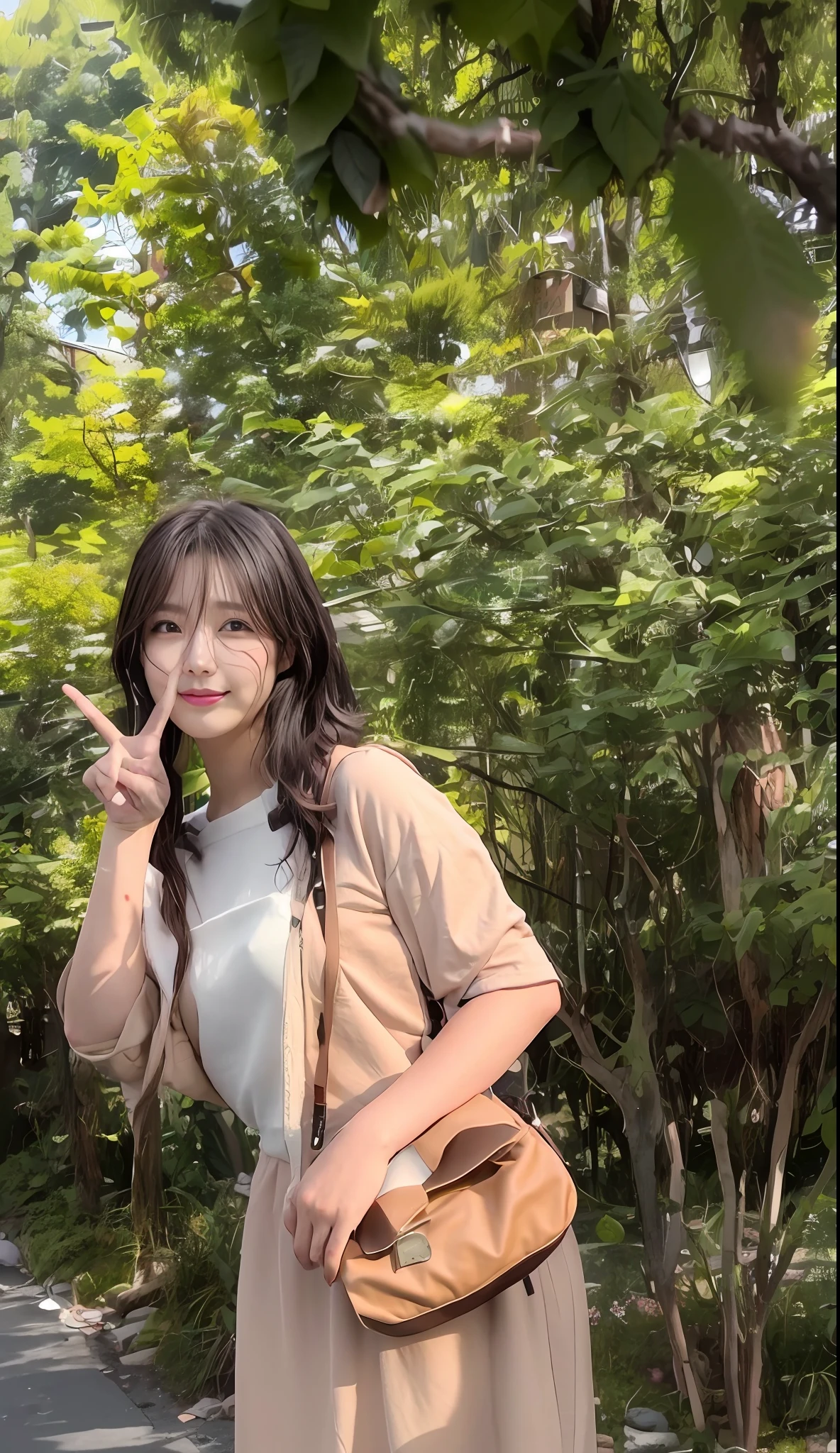There was a woman standing on the road with a purse and handbag, with index finger, personal profile picture, chiho, ulzzangs, very very low quality picture, 🚿🗝📝, Shin Jinying, lofi-girl, profile photo, inspirado por Kim Jeong-hui, sakimichan, low quality photo, seseon yoon