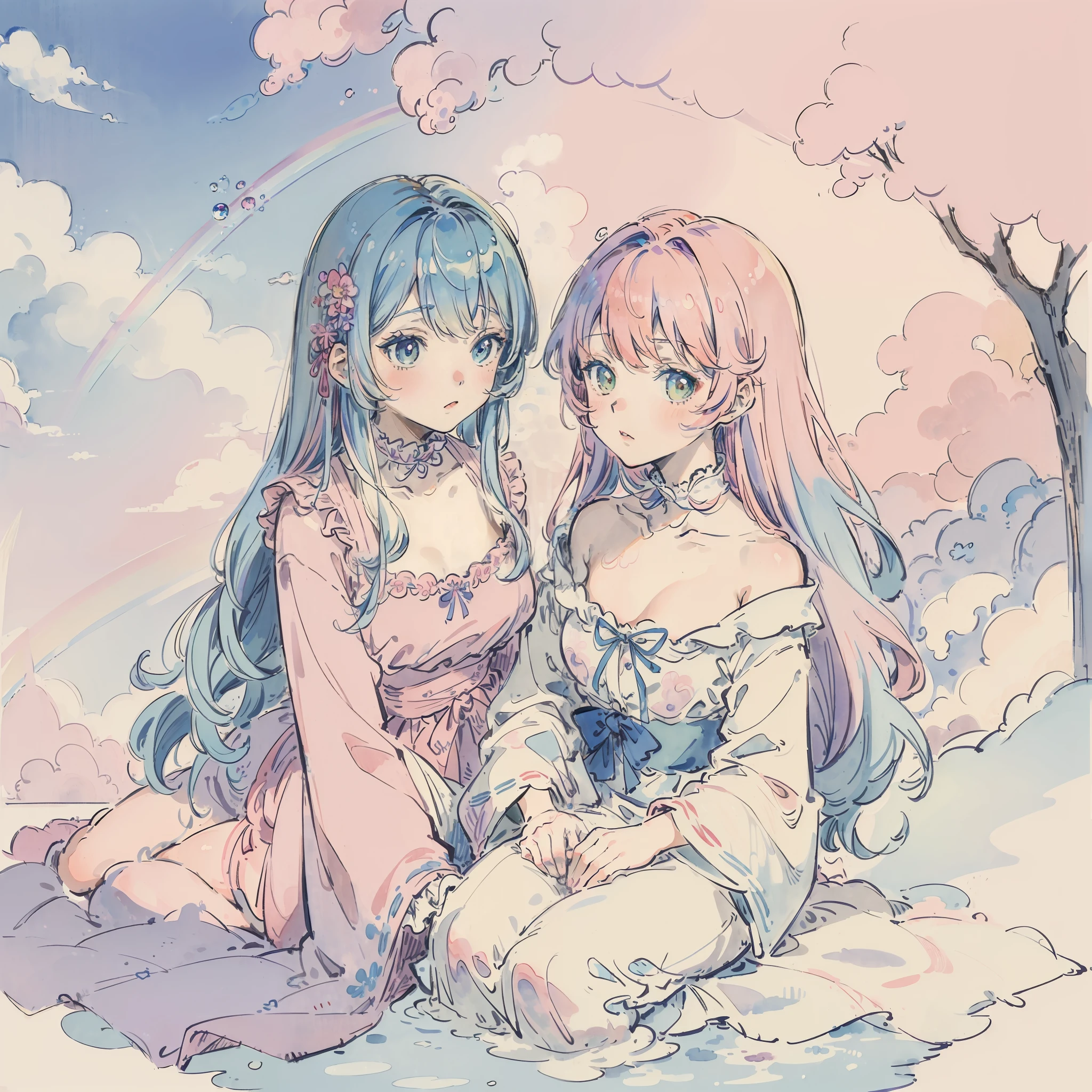 Yumekawa 、Cute as a dream、a pale、Moya、(masterpiece、top-quality、top-quality、watercolor paiting(Curly)、Take a cute cat、Official art、Beautifully Aesthetic:1.2)、(2Beautiful girl of man:1.3)、The upper part of the body、Flirting、lesbian、ta Fashion、Loliooking at the viewers、patterns、(rainbow-colored hair、colourful hair、Half blue and half pink hair:1.2)、Soap bubbles、Rainbow behind、clouds、colourfull、Soap bubbles、Hair spreads throughout、kawaii、pastels、Large ribbon、Lovely room、Rainbow Cat Plush Toy
