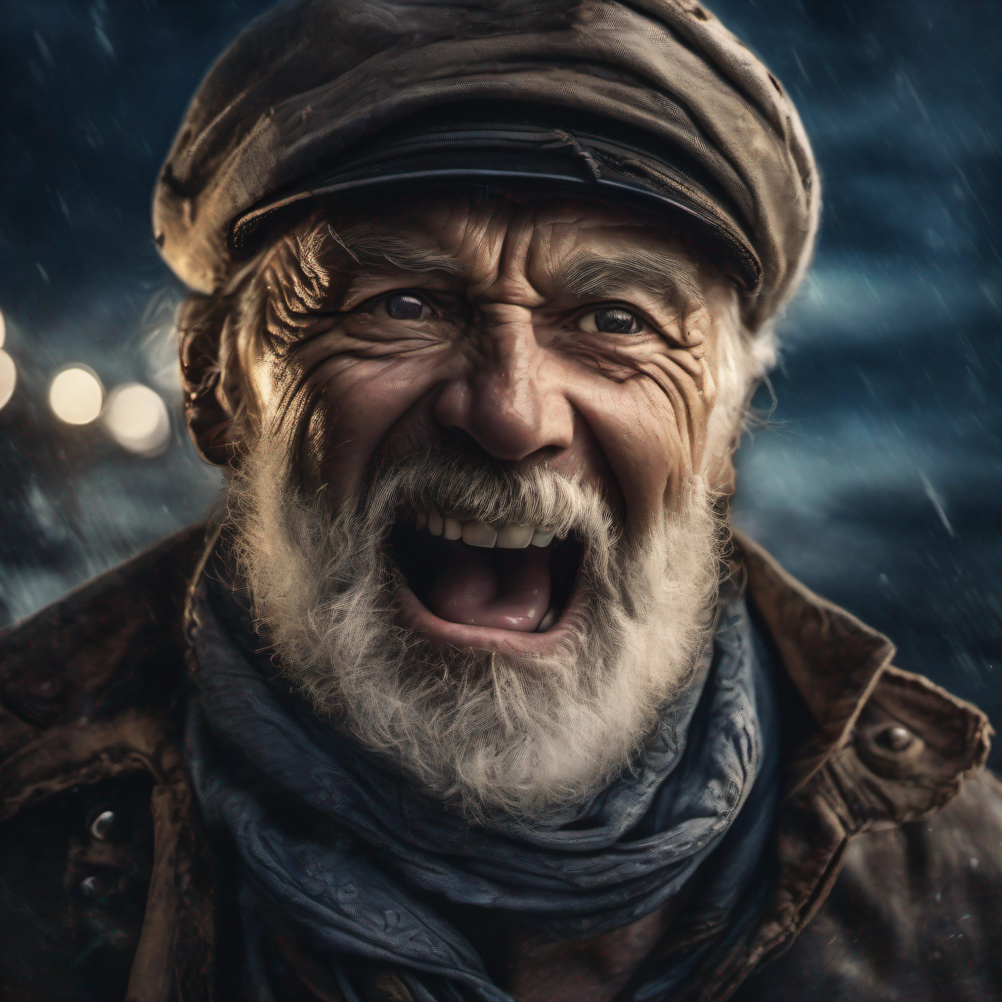 award winning upper body portrait photo of a man an old screaming sailor, wearing scarf, eyes looking upwards, (bokeh:0.7), sidelit, (wrinkled face in detail:0.7), telephoto, moonlit, torchlit, gritty atmosphere, oceanic night exterior, realistic, intricate details, true aged skin texture