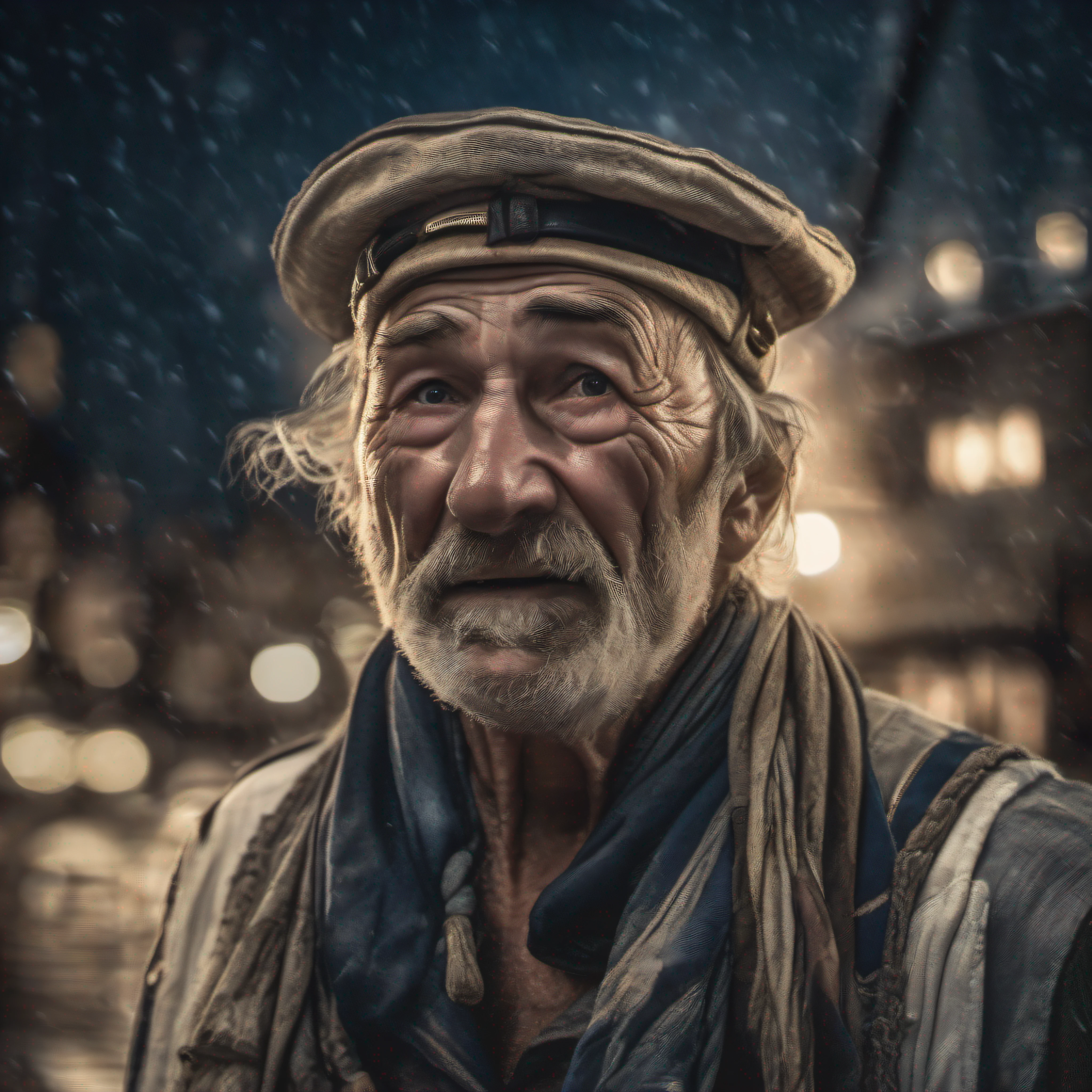 award winning upper body portrait photo of a man an old screaming sailor, wearing scarf, eyes looking upwards, (bokeh:0.7), sidelit, (wrinkled face in detail:0.7), telephoto, moonlit, torchlit, gritty atmosphere, oceanic night exterior, realistic, intricate details, true aged skin texture