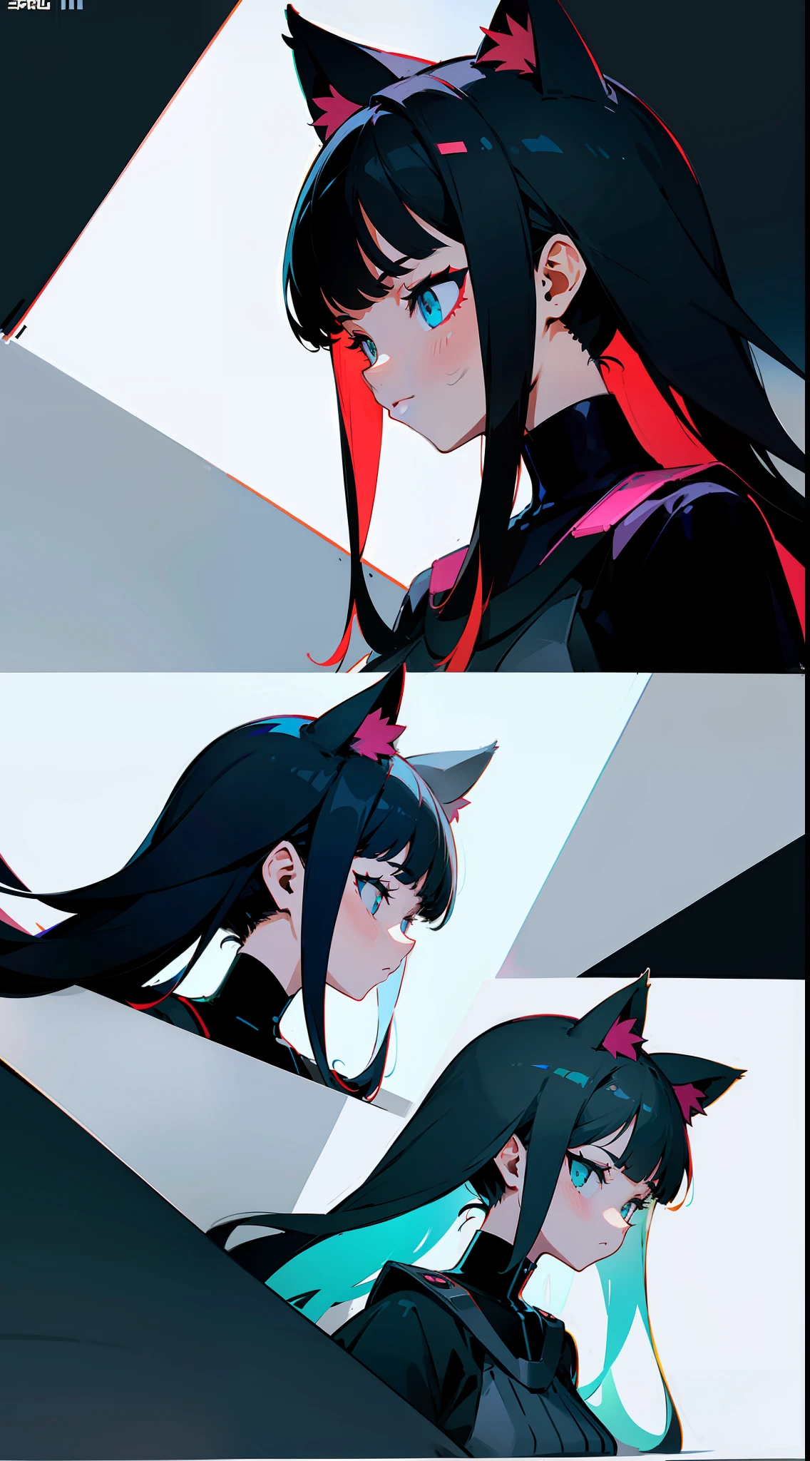 Couple with cat ears cyberpunk style Various black and white color scheme clothing designs，3×3 format image，A set of illustrations，The spacing between each element is equal，There is no overlap，Old memo kernel，Two image views，namely the frontview、the sideview、white backgrounid、Different image views  ，organic shapes and lines，illustratio，Flat illustration style，Flat illustration style，danish design"