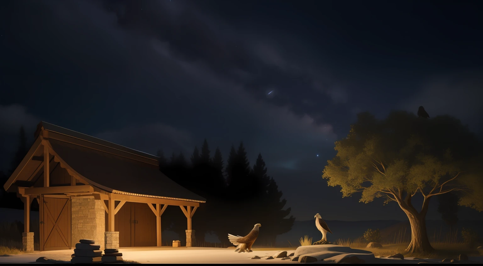 A night scene under a starry sky, with the sage sitting on a stone near the entrance to the barn, while an eagle is perched on a tree branch above it, watching the peasant approaching with a curious and hopeful look.